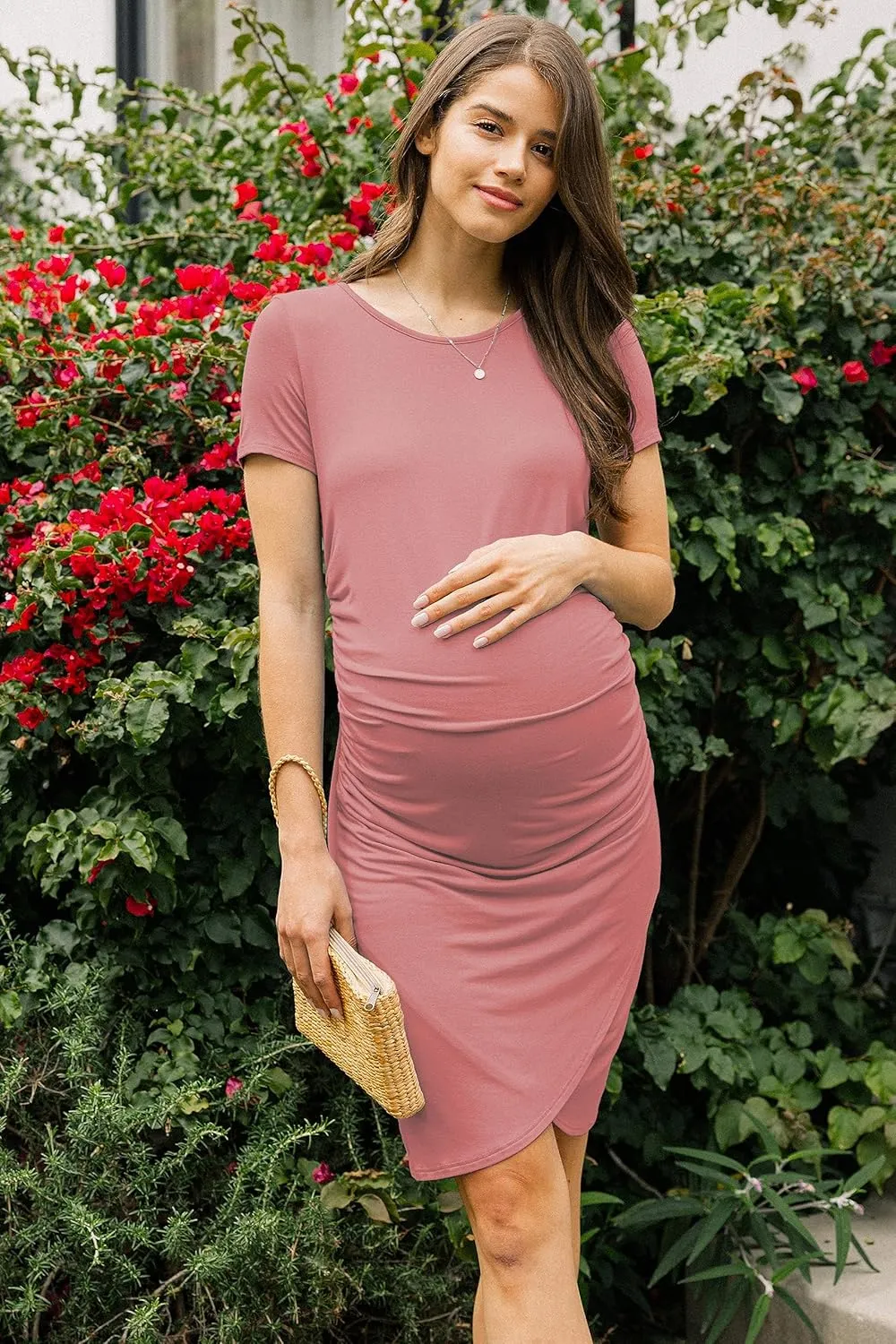 LaClef Women's Casual T-Shirt Ruched Bodycon Maternity Dress