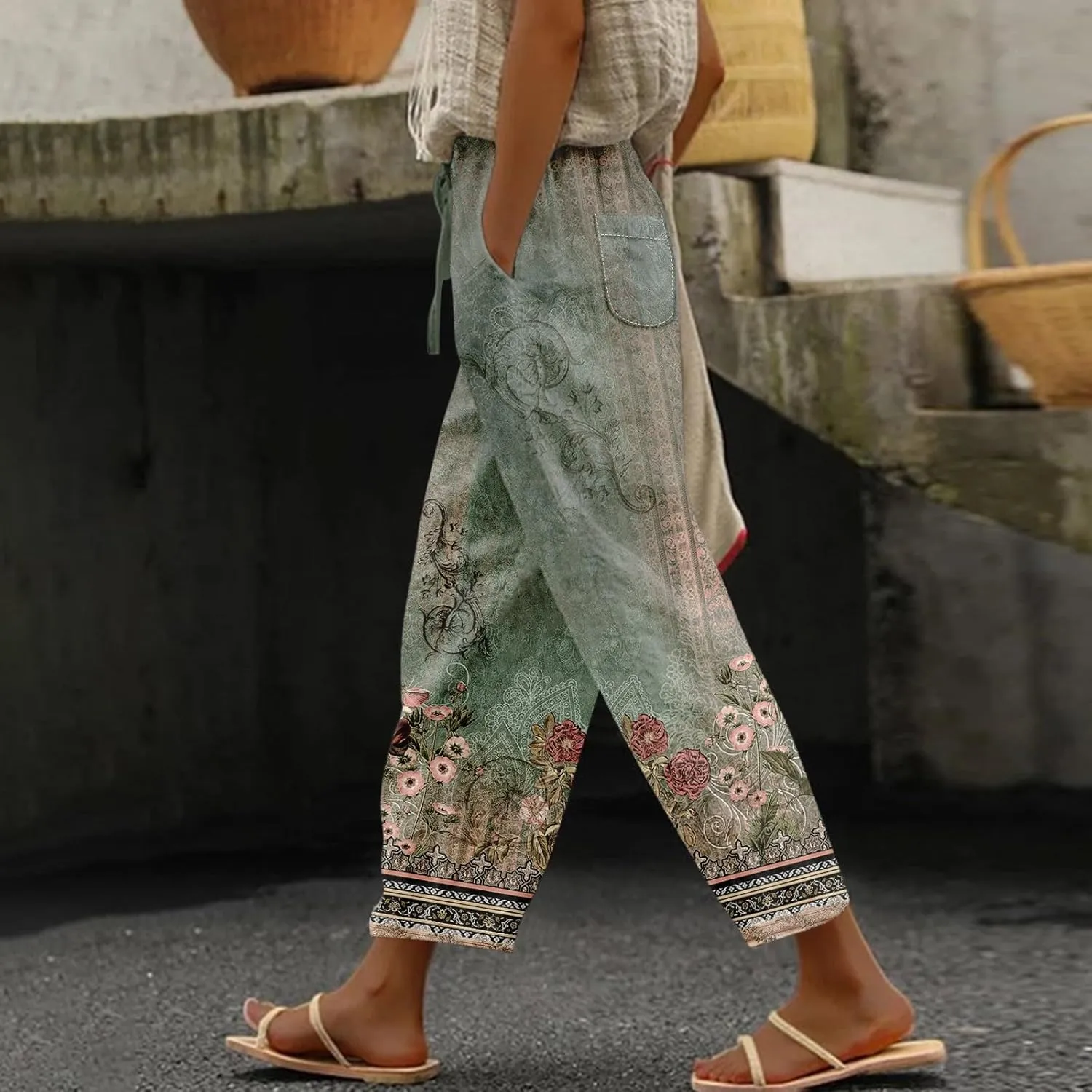 Ladies Gradient Color Printing Drawstring Pocket Elastic Waist Dressy Casual Loose Fit Fashion