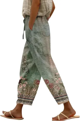 Ladies Gradient Color Printing Drawstring Pocket Elastic Waist Dressy Casual Loose Fit Fashion