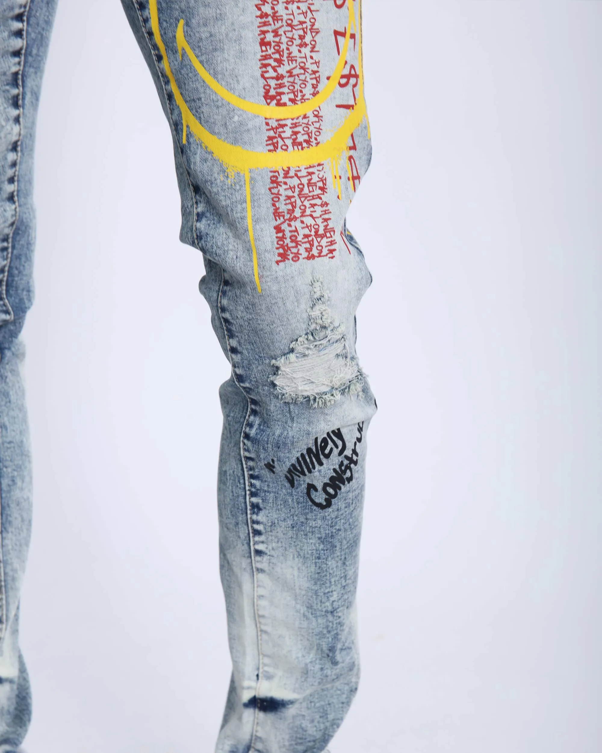 Light Wash Irregular Ripped Blue Jeans with Color Print-Mexico Local Delivery