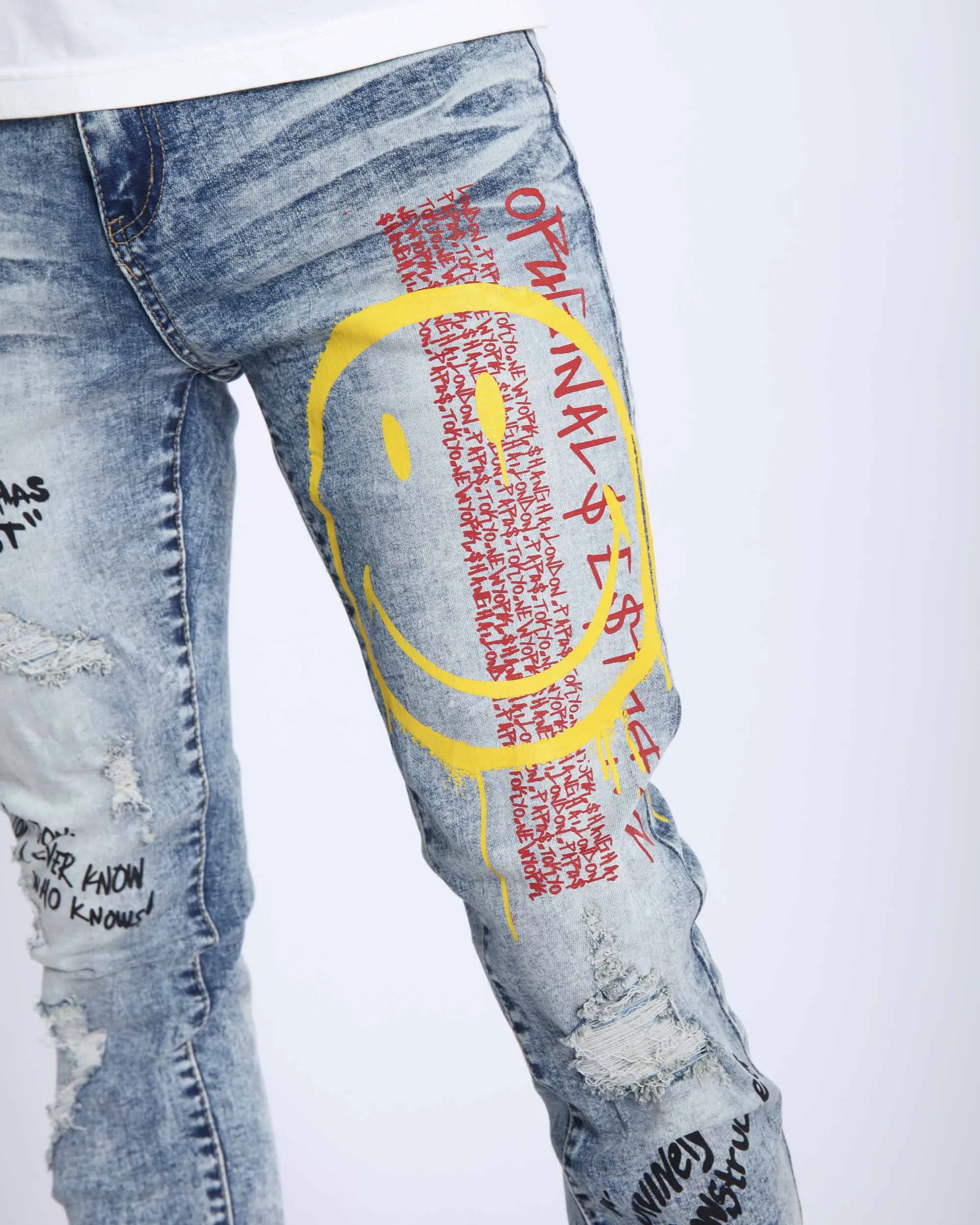 Light Wash Irregular Ripped Blue Jeans with Color Print-Mexico Local Delivery