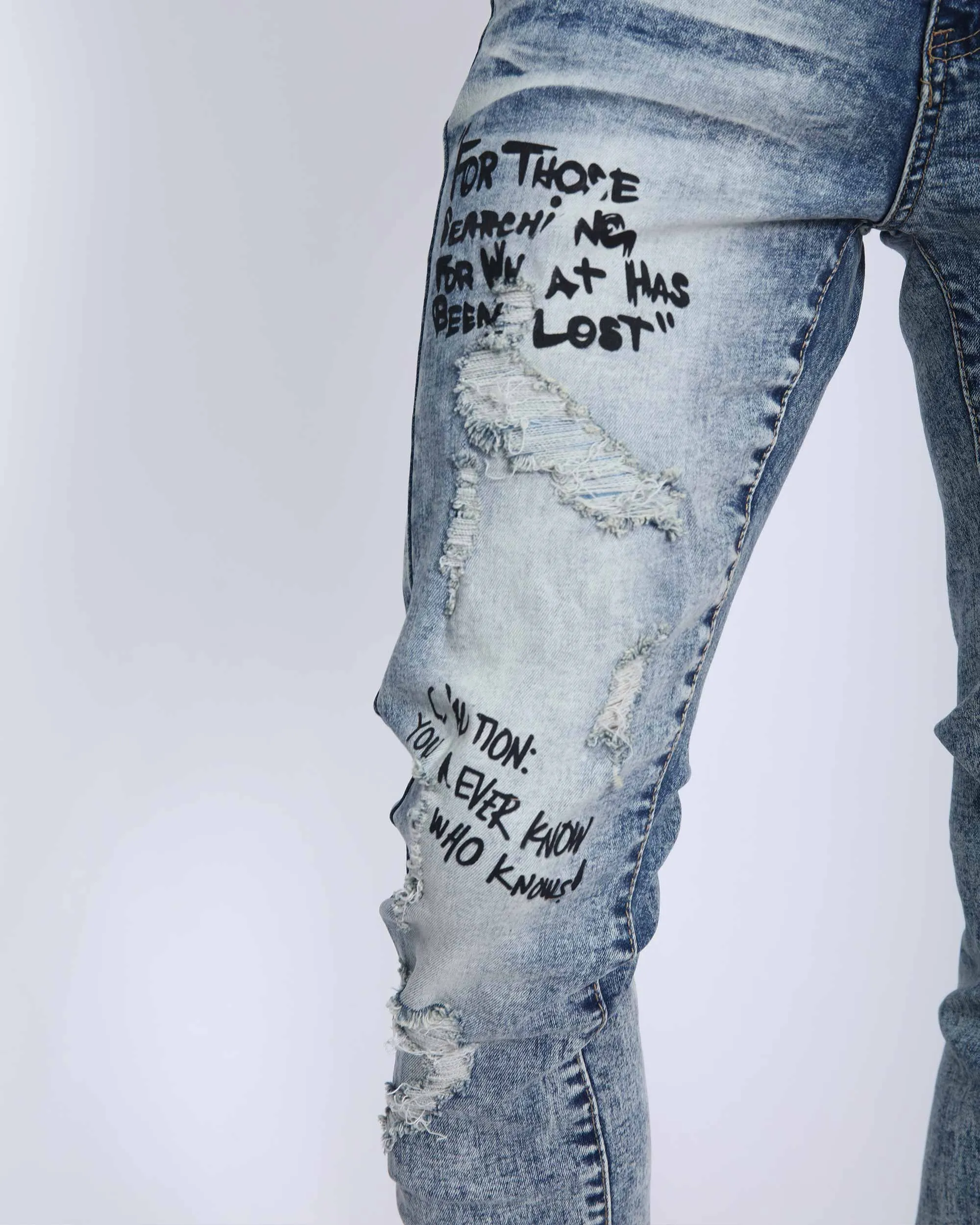 Light Wash Irregular Ripped Blue Jeans with Color Print-Mexico Local Delivery