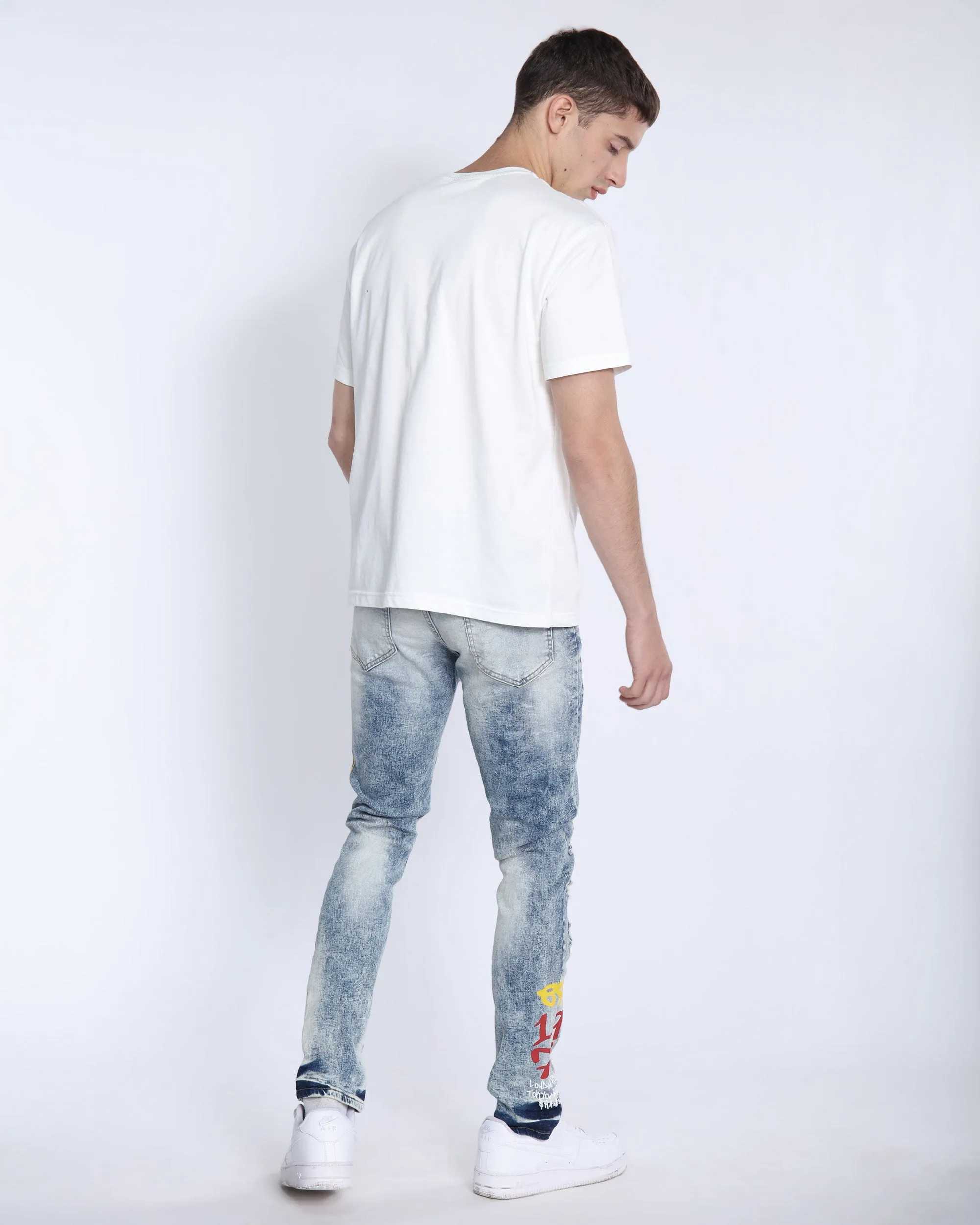 Light Wash Irregular Ripped Blue Jeans with Color Print-Mexico Local Delivery