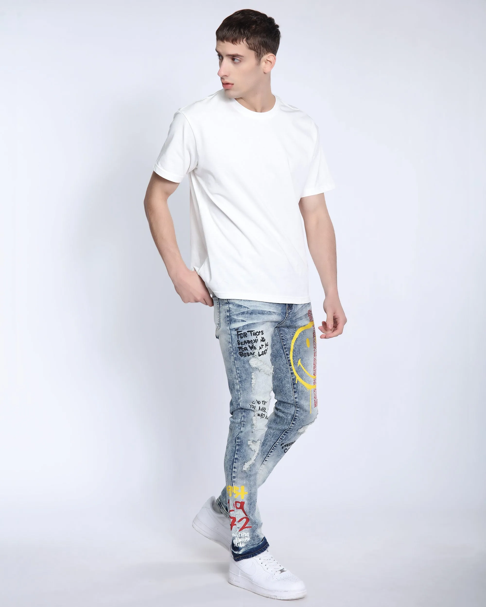 Light Wash Irregular Ripped Blue Jeans with Color Print-Mexico Local Delivery