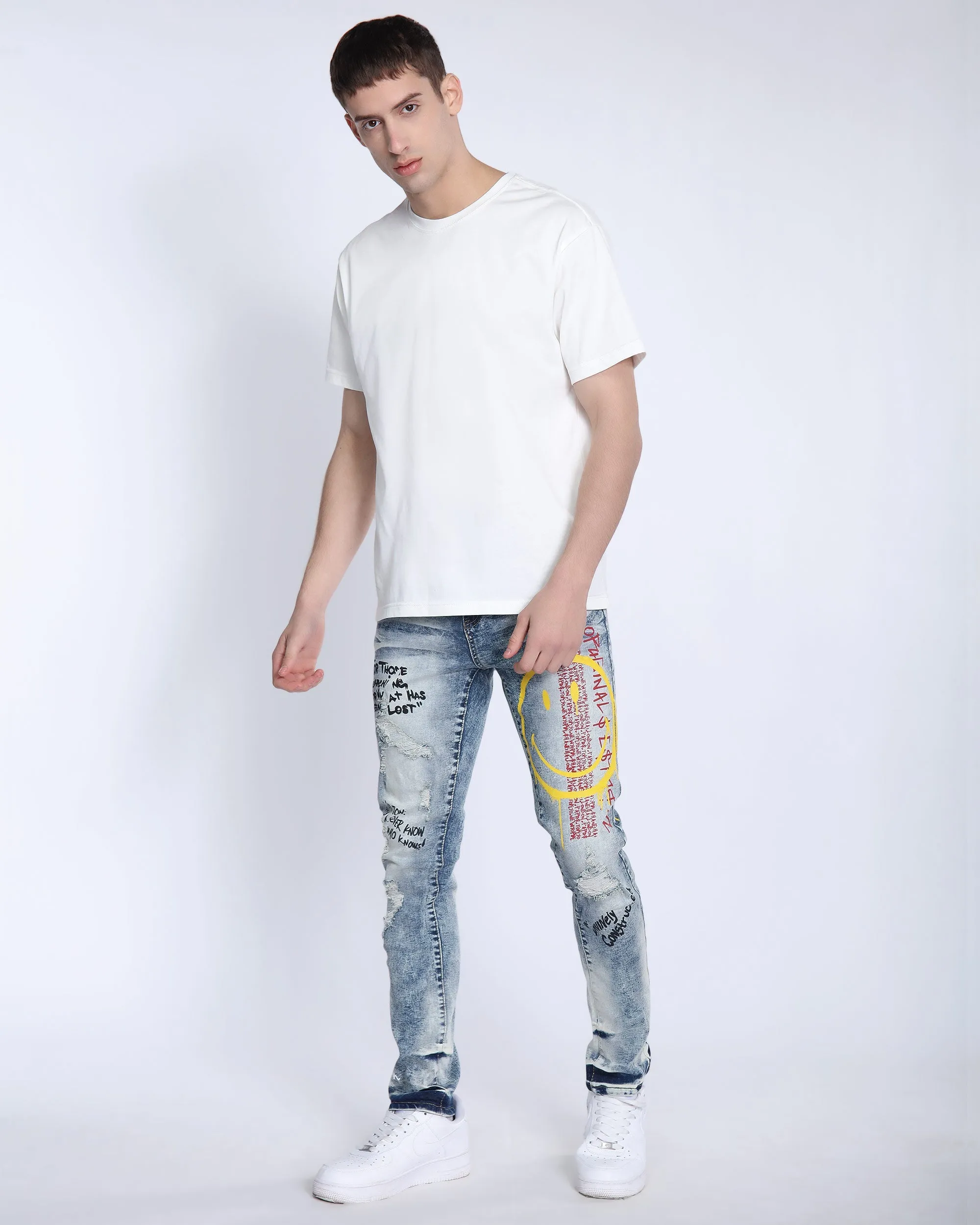 Light Wash Irregular Ripped Blue Jeans with Color Print-Mexico Local Delivery