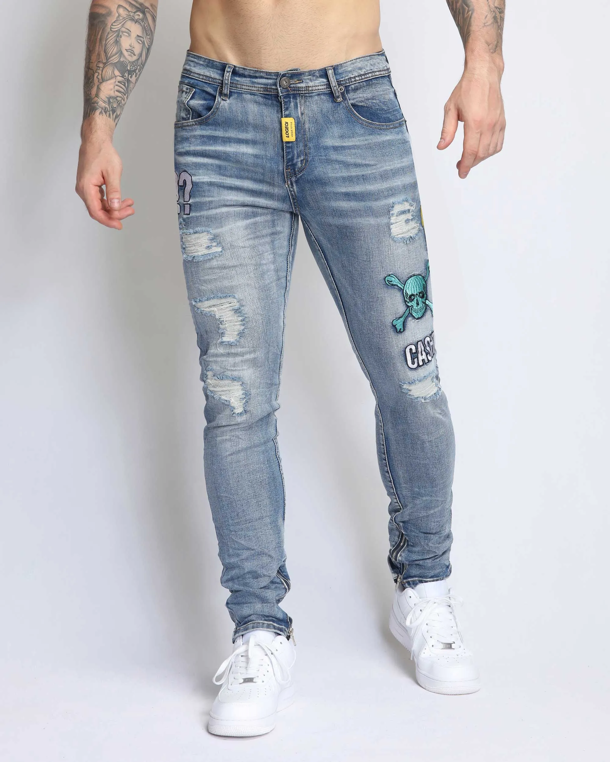 Light Wash Ripped BlueJeans with Skull Embroidered-Mexico Local Delivery