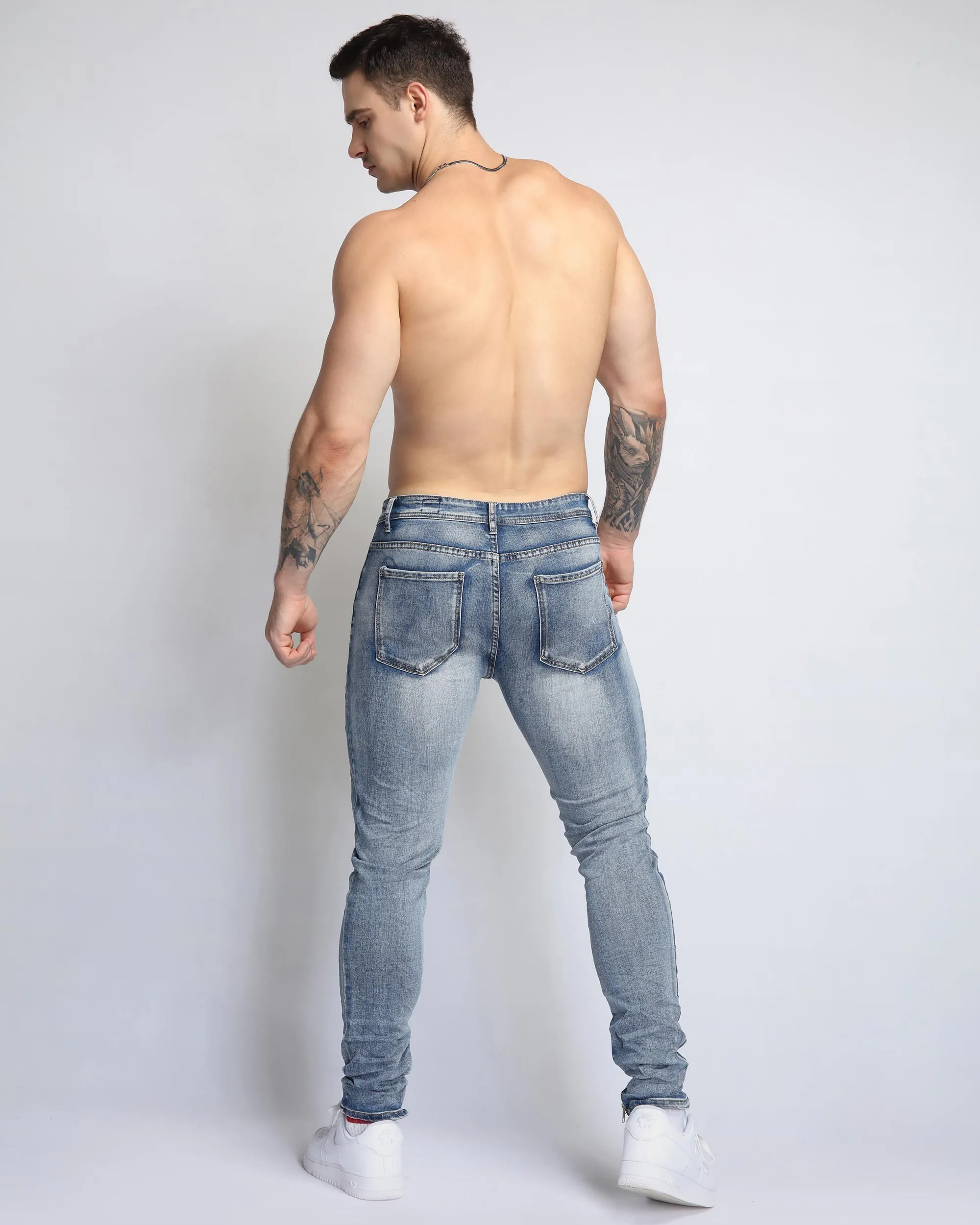 Light Wash Ripped BlueJeans with Skull Embroidered-Mexico Local Delivery