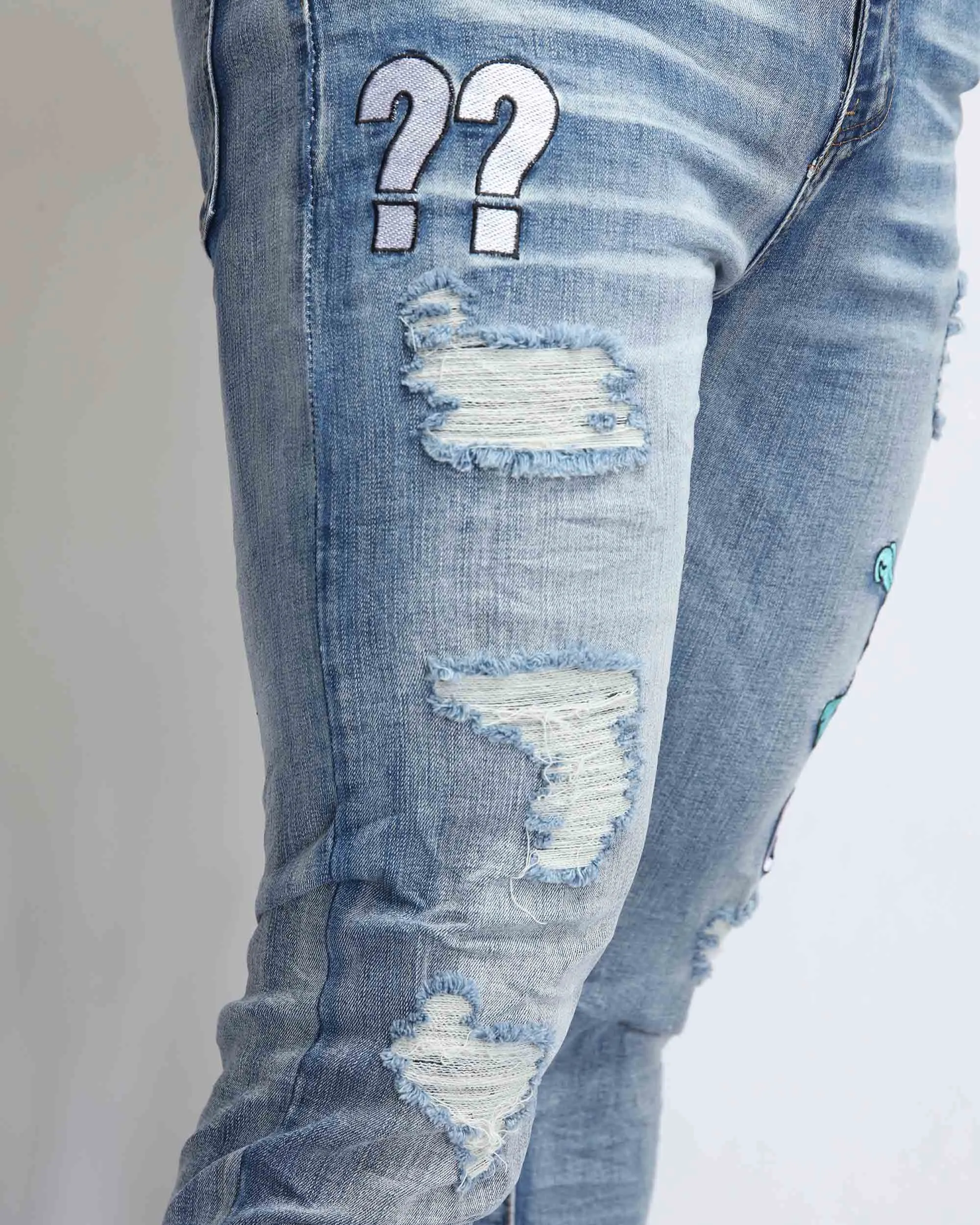 Light Wash Ripped BlueJeans with Skull Embroidered-Mexico Local Delivery