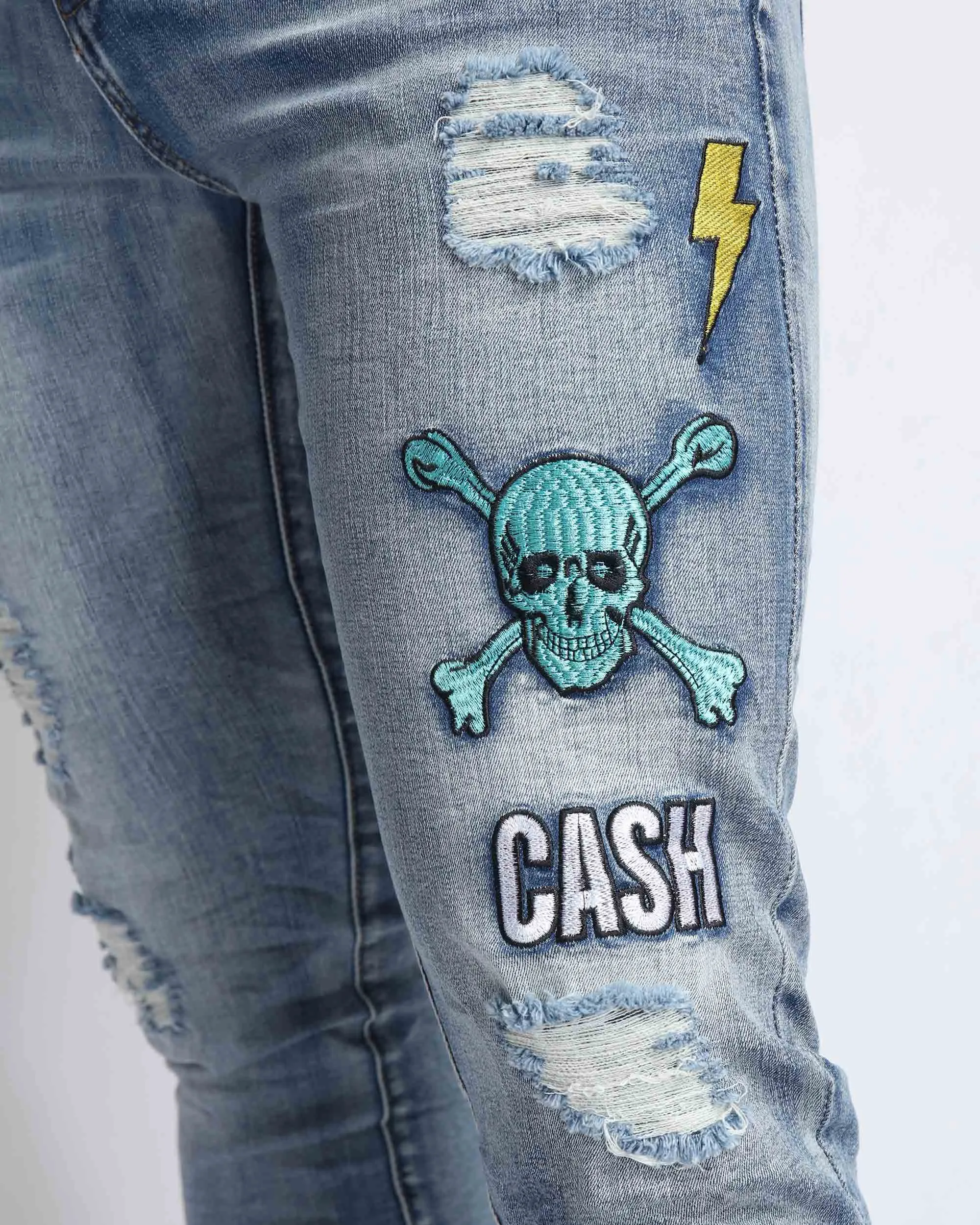 Light Wash Ripped BlueJeans with Skull Embroidered-Mexico Local Delivery