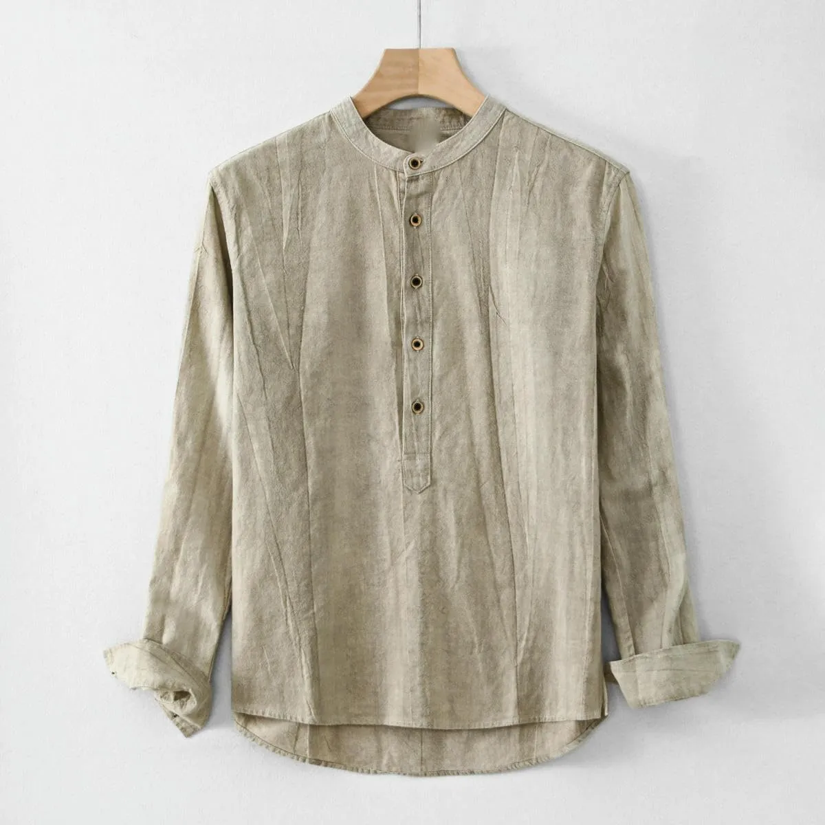 Men's Casual Simple Chinese Style Ramie Washed Cotton Linen Tie-Dye Pullover Shirt