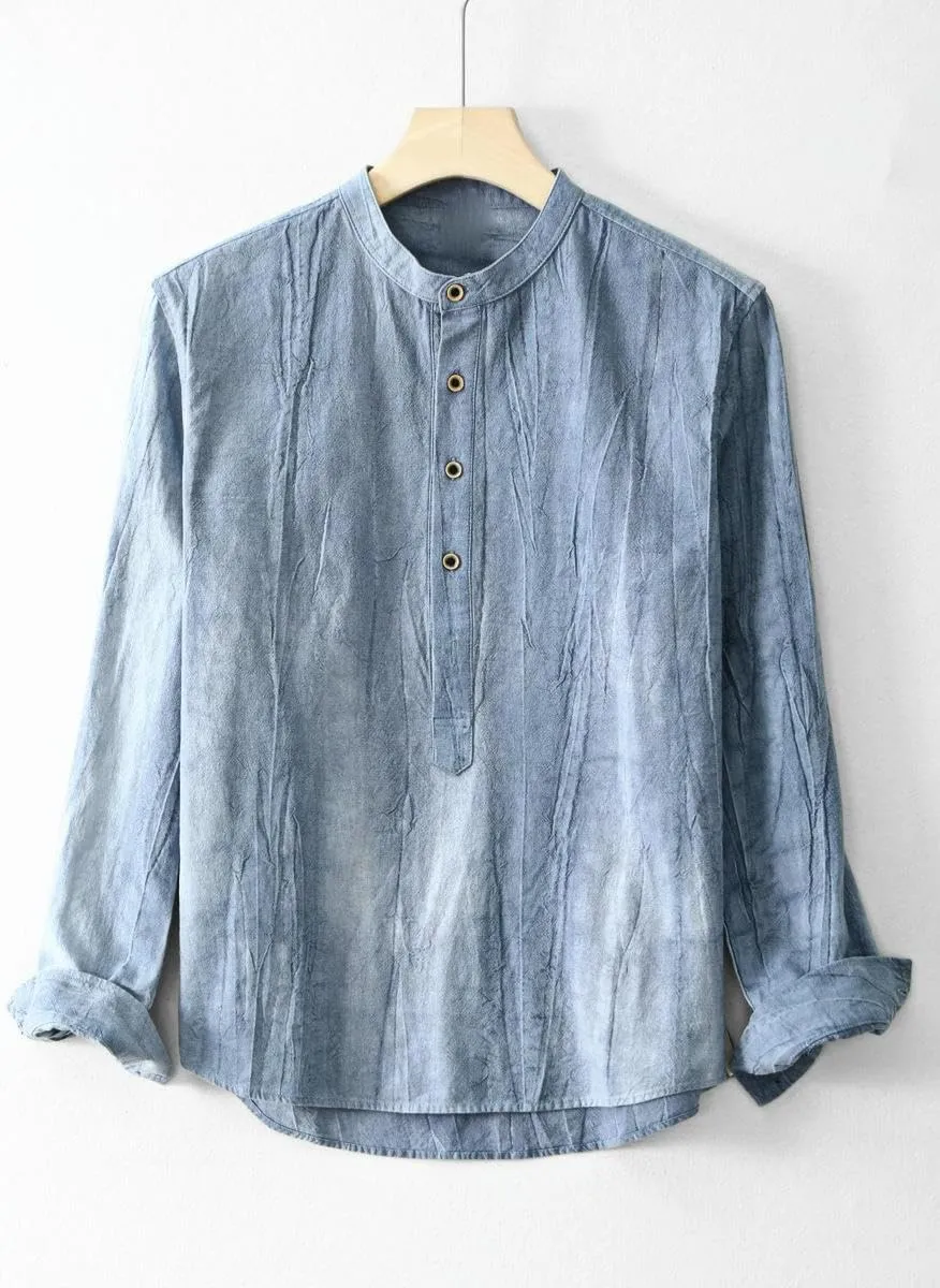 Men's Casual Simple Chinese Style Ramie Washed Cotton Linen Tie-Dye Pullover Shirt