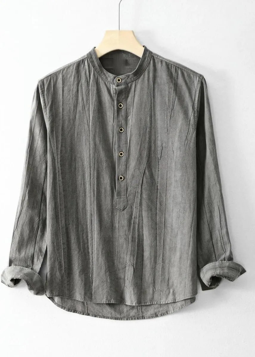 Men's Casual Simple Chinese Style Ramie Washed Cotton Linen Tie-Dye Pullover Shirt