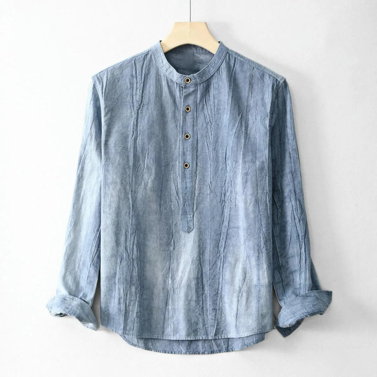 Men's Casual Simple Chinese Style Ramie Washed Cotton Linen Tie-Dye Pullover Shirt