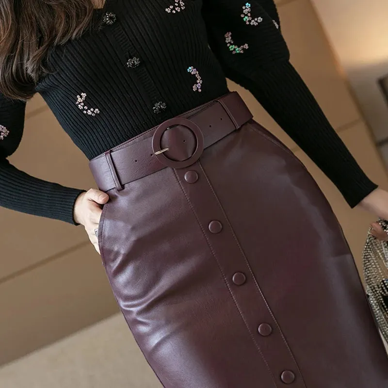 New Streetwear Bodycon Pencil Skirts Women Fashion  Korean Style High Waist PU Leather Skirt With Belt Slit Falda Midi Skirt