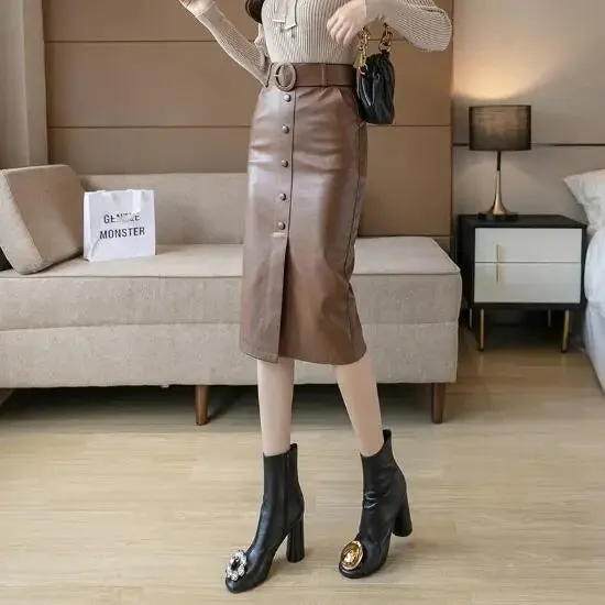 New Streetwear Bodycon Pencil Skirts Women Fashion  Korean Style High Waist PU Leather Skirt With Belt Slit Falda Midi Skirt