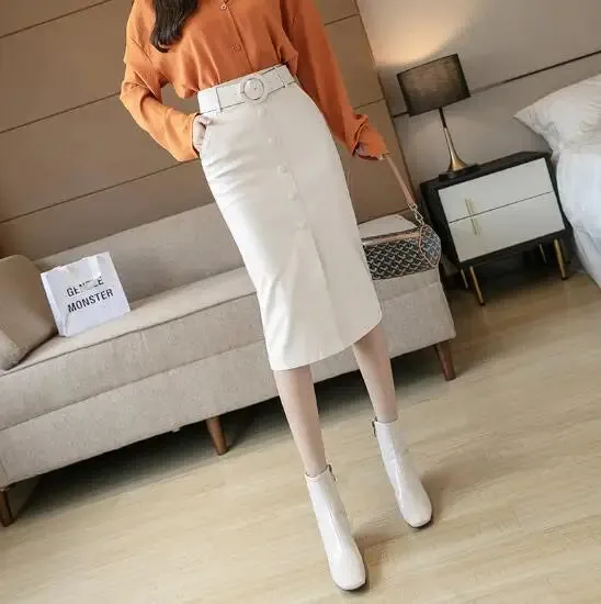 New Streetwear Bodycon Pencil Skirts Women Fashion  Korean Style High Waist PU Leather Skirt With Belt Slit Falda Midi Skirt