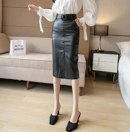 New Streetwear Bodycon Pencil Skirts Women Fashion  Korean Style High Waist PU Leather Skirt With Belt Slit Falda Midi Skirt