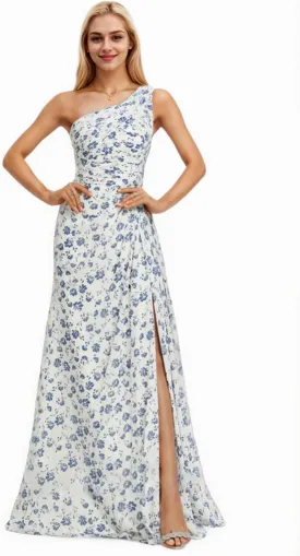 One Shoulder Floral Bridesmaid Dresses 2025 Curvy Prom Dress with Slit Long Chiffon Wedding Guest Dresses Summer