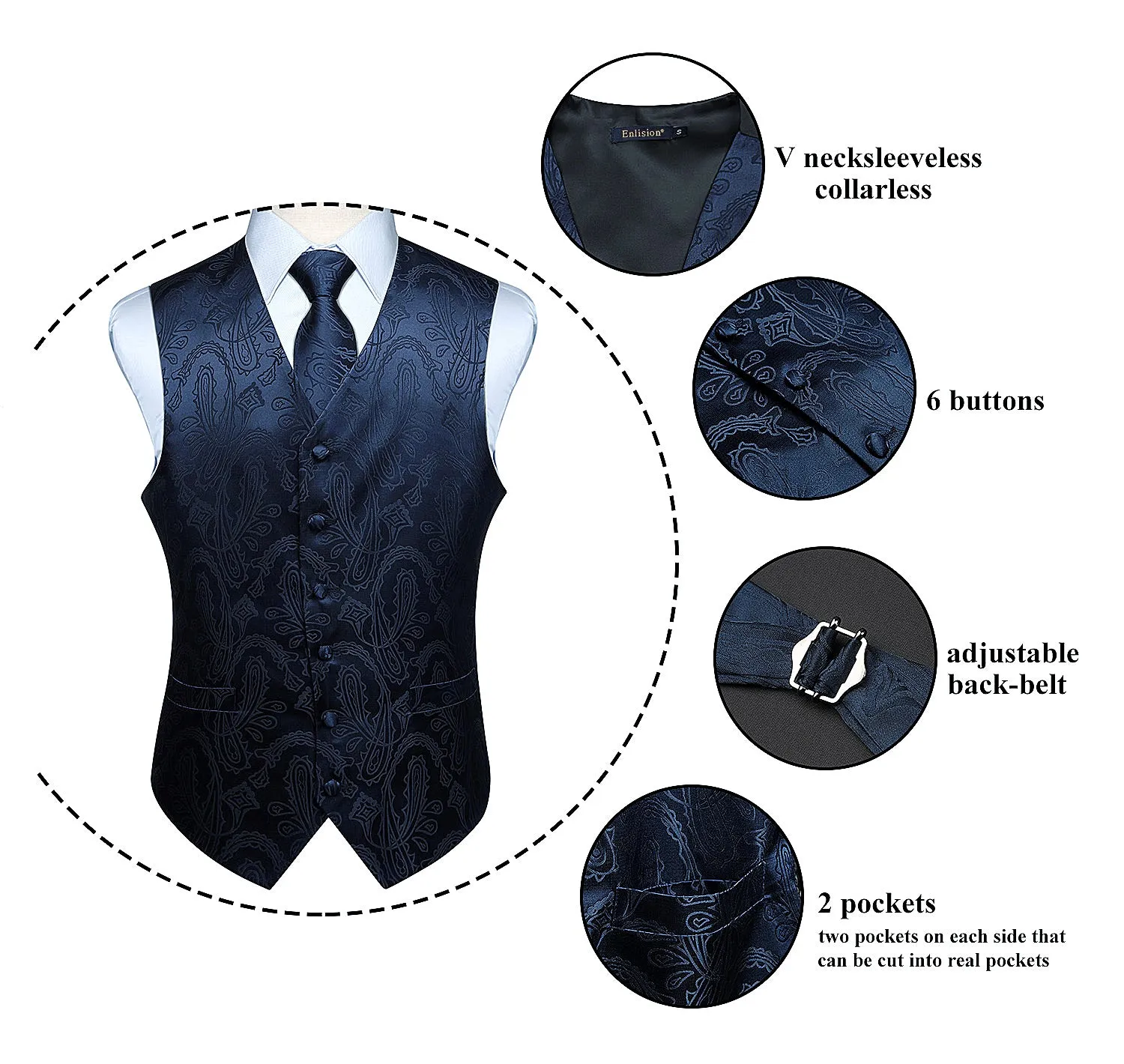 Paisley Suit Vest Tie Handkerchief Set - Navy Blue