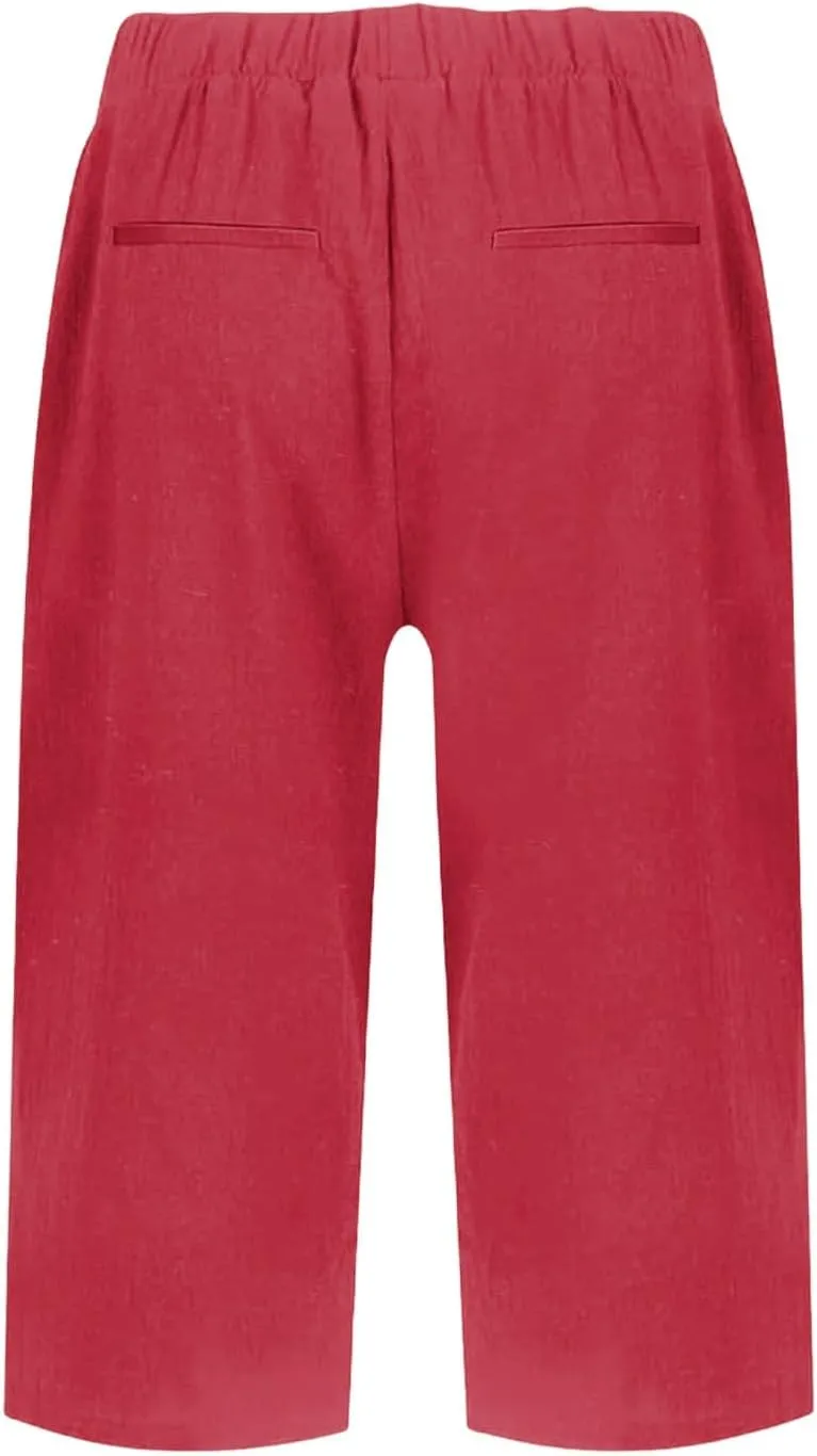 Pedal Pushers for Women Lightweight Linen Capri Pants Casual Elastic Waist Bermuda Shorts Summer Beach Pant