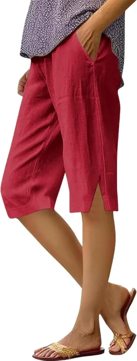 Pedal Pushers for Women Lightweight Linen Capri Pants Casual Elastic Waist Bermuda Shorts Summer Beach Pant
