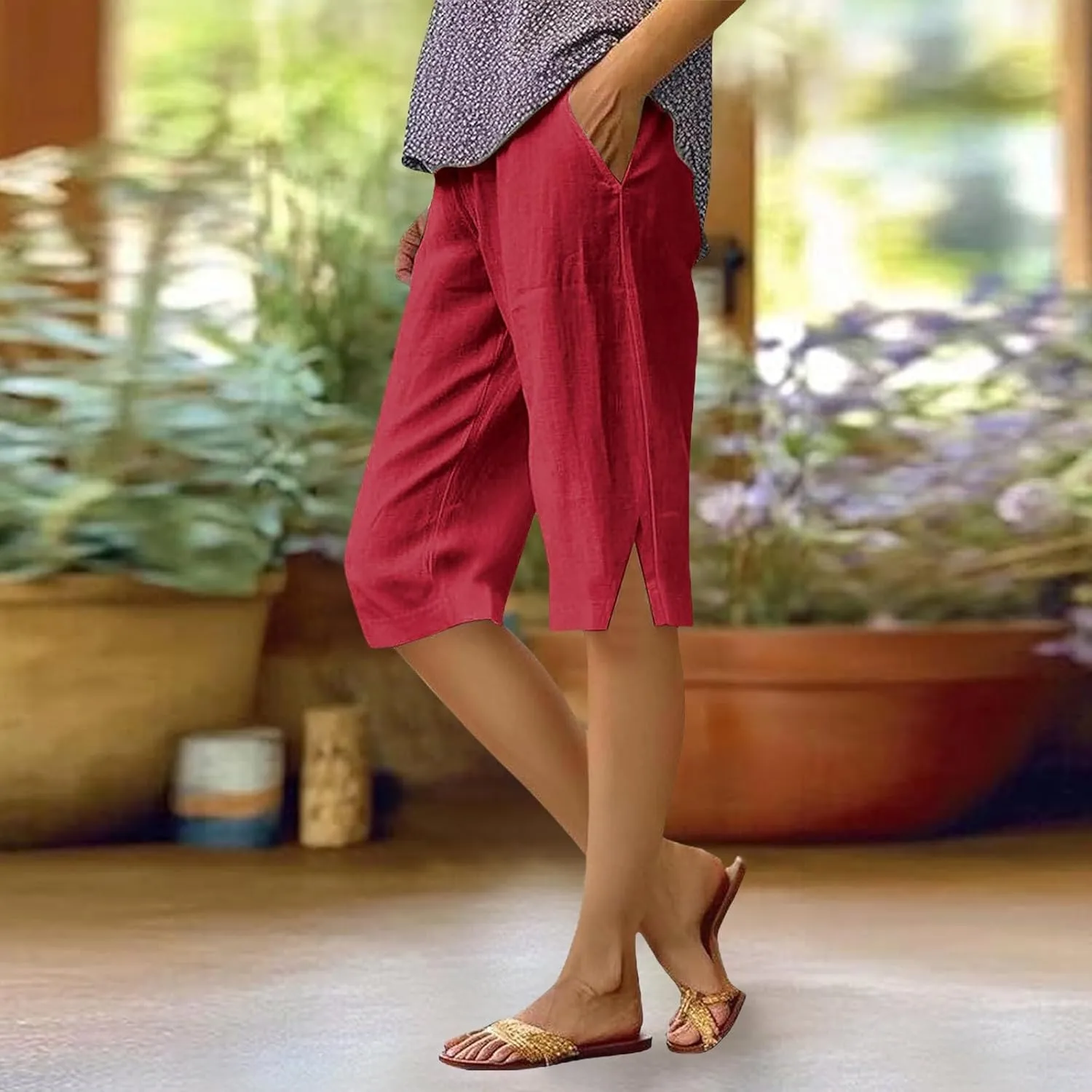 Pedal Pushers for Women Lightweight Linen Capri Pants Casual Elastic Waist Bermuda Shorts Summer Beach Pant
