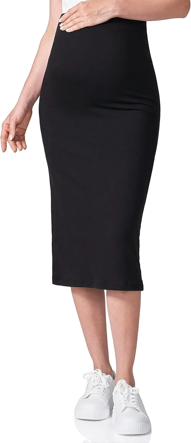 POSHDIVAH Women's Maternity Skirt Over The Belly Midi High Waisted Solid Stretchy Pregnancy Pencil Skirt