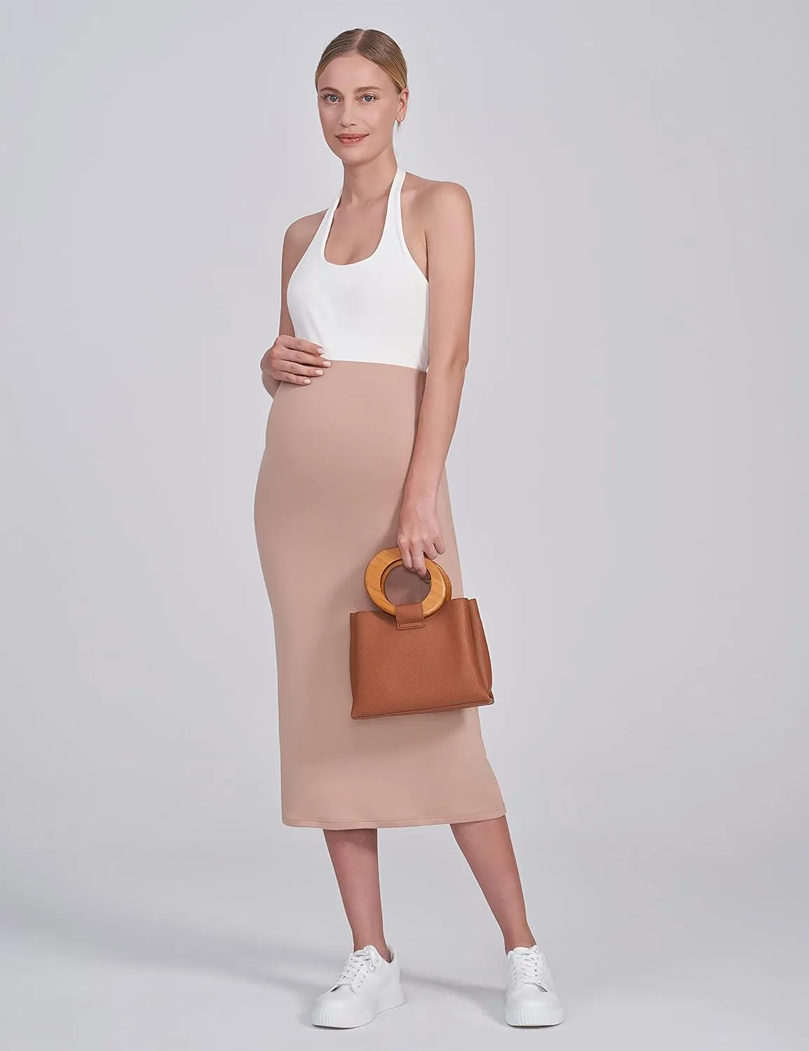 POSHDIVAH Women's Maternity Skirt Over The Belly Midi High Waisted Solid Stretchy Pregnancy Pencil Skirt