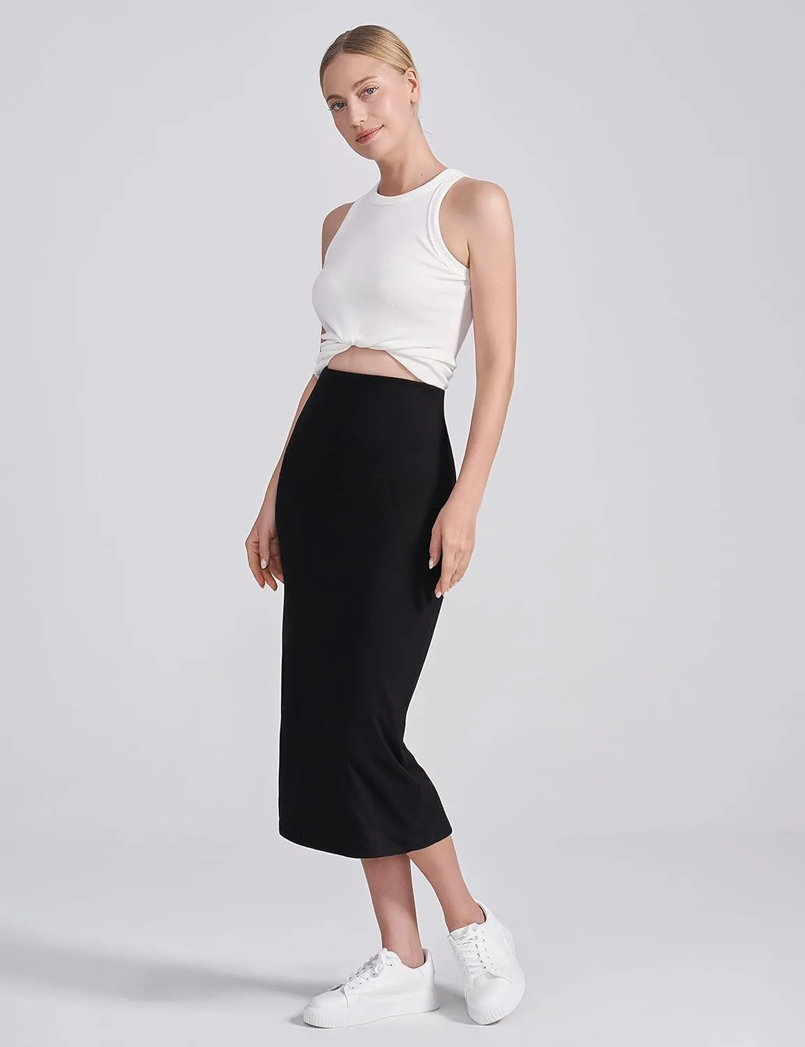 POSHDIVAH Women's Maternity Skirt Over The Belly Midi High Waisted Solid Stretchy Pregnancy Pencil Skirt