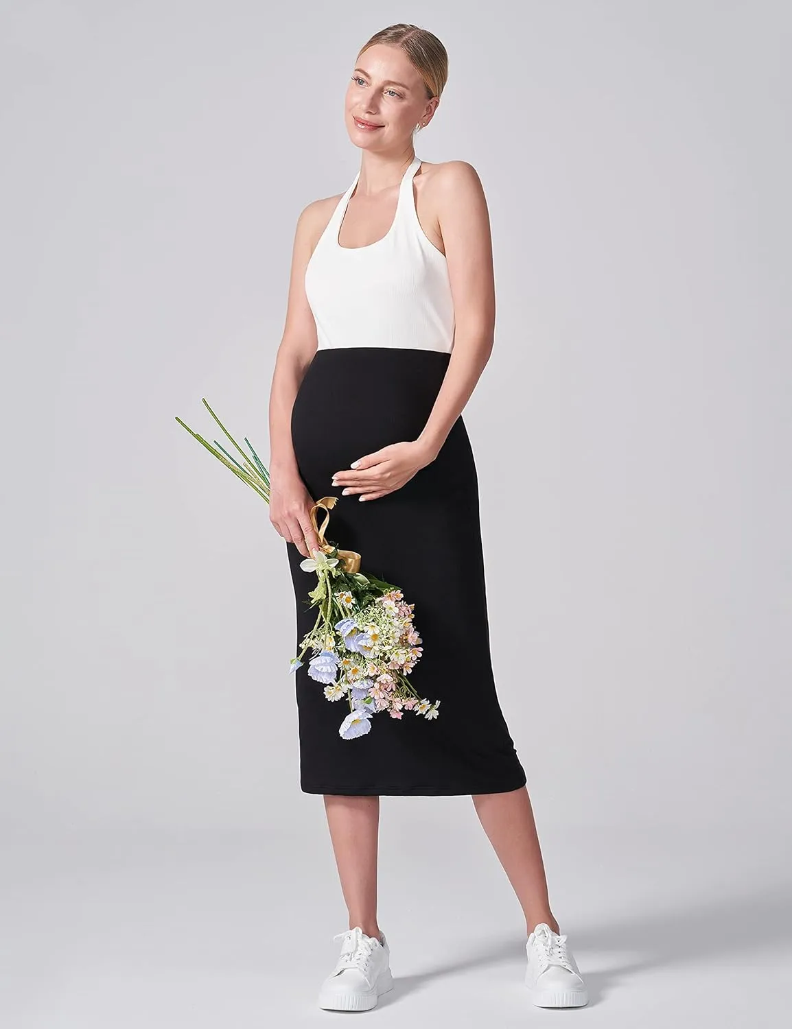 POSHDIVAH Women's Maternity Skirt Over The Belly Midi High Waisted Solid Stretchy Pregnancy Pencil Skirt