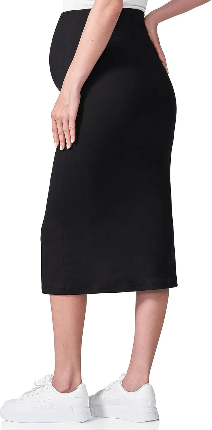 POSHDIVAH Women's Maternity Skirt Over The Belly Midi High Waisted Solid Stretchy Pregnancy Pencil Skirt
