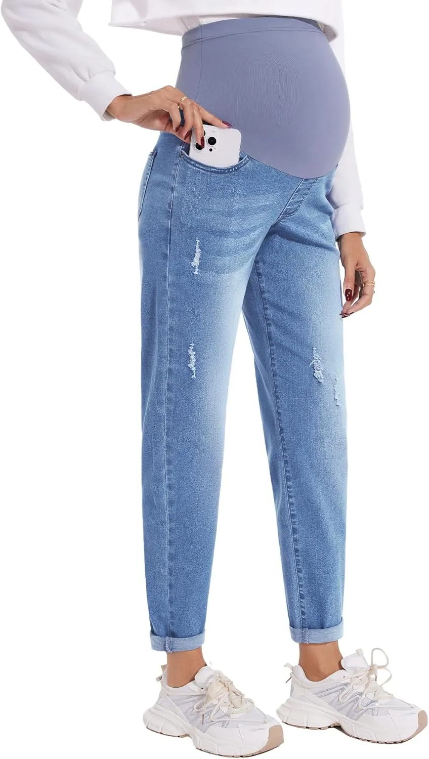 POSHGLAM Women's Maternity Jeans Over Belly Comfy Stretch Boyfriend Jeans Loose Pregnancy Pants, S-XXL