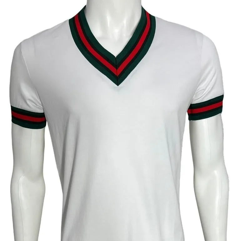 Premium Clothing White Men's V-Neck  T-shirt Red & Green Trim Short Sleeves