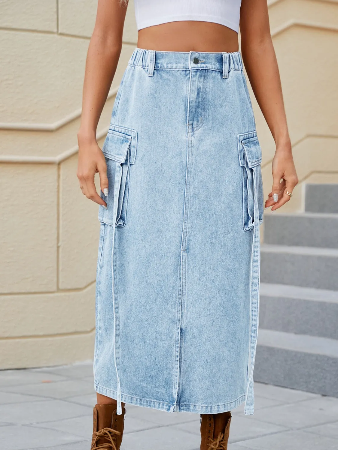 "NY Girl"Pocketed High Waist Denim Skirt