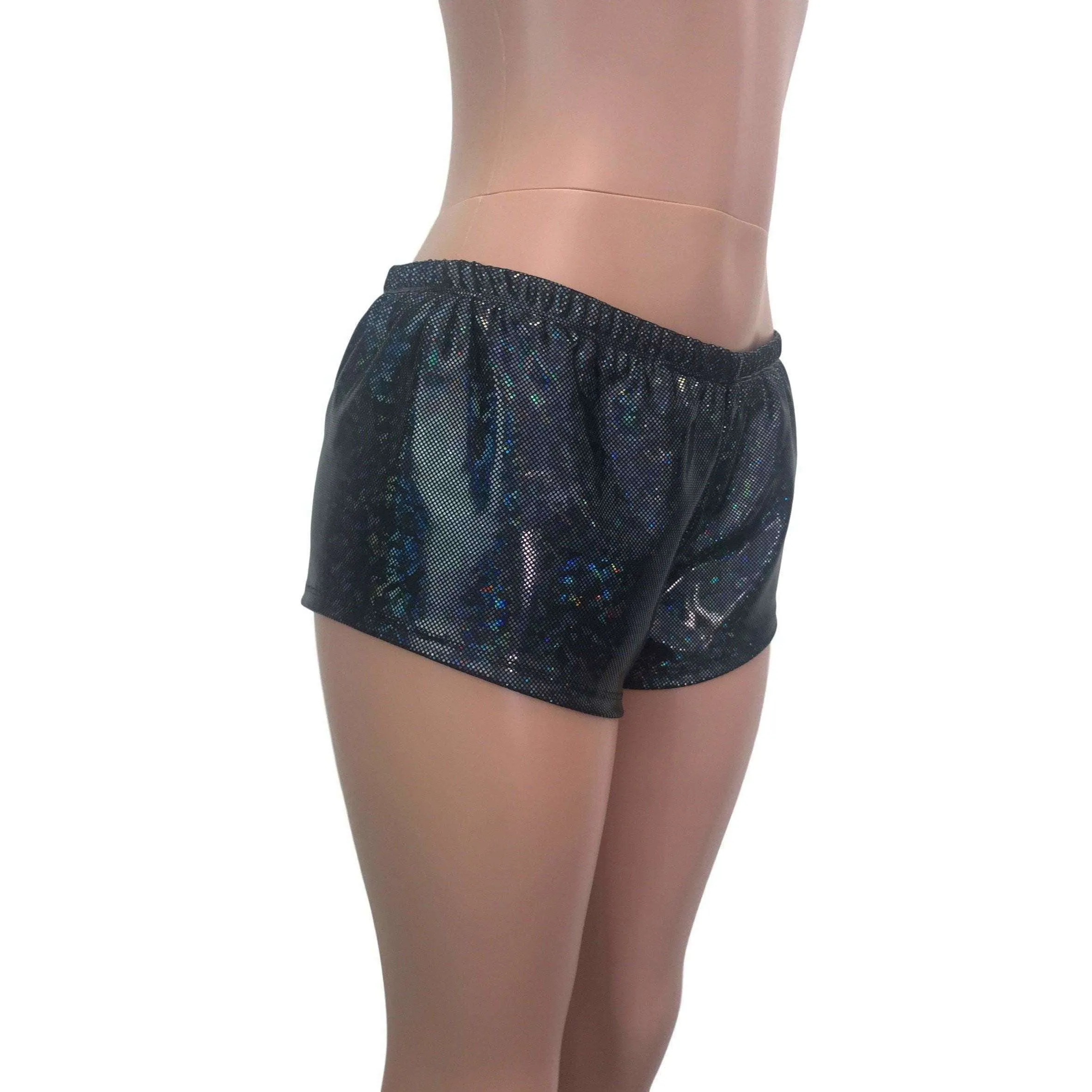 SALE - MEDIUM Rave Shorts - Black Shattered Glass Holographic
