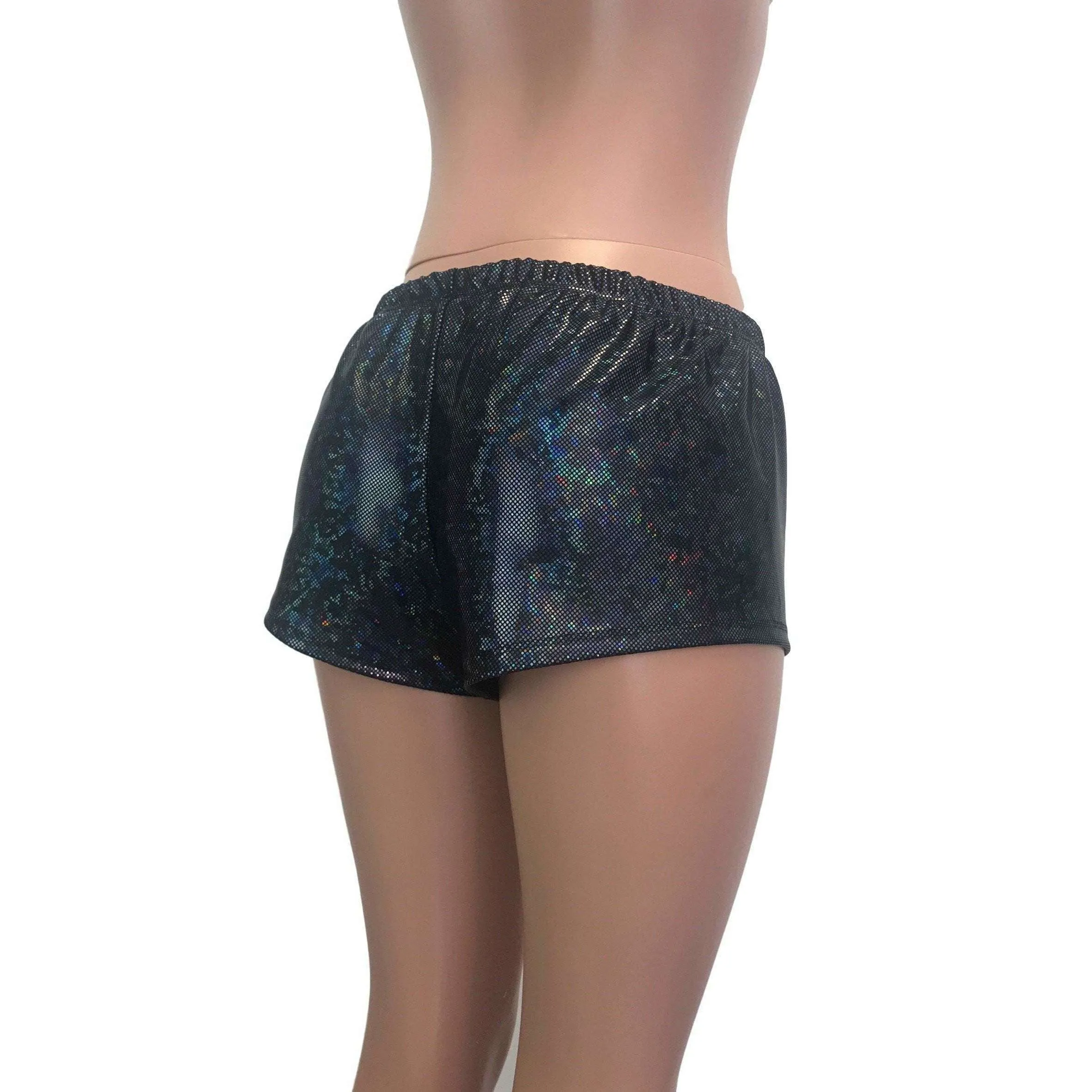 SALE - MEDIUM Rave Shorts - Black Shattered Glass Holographic