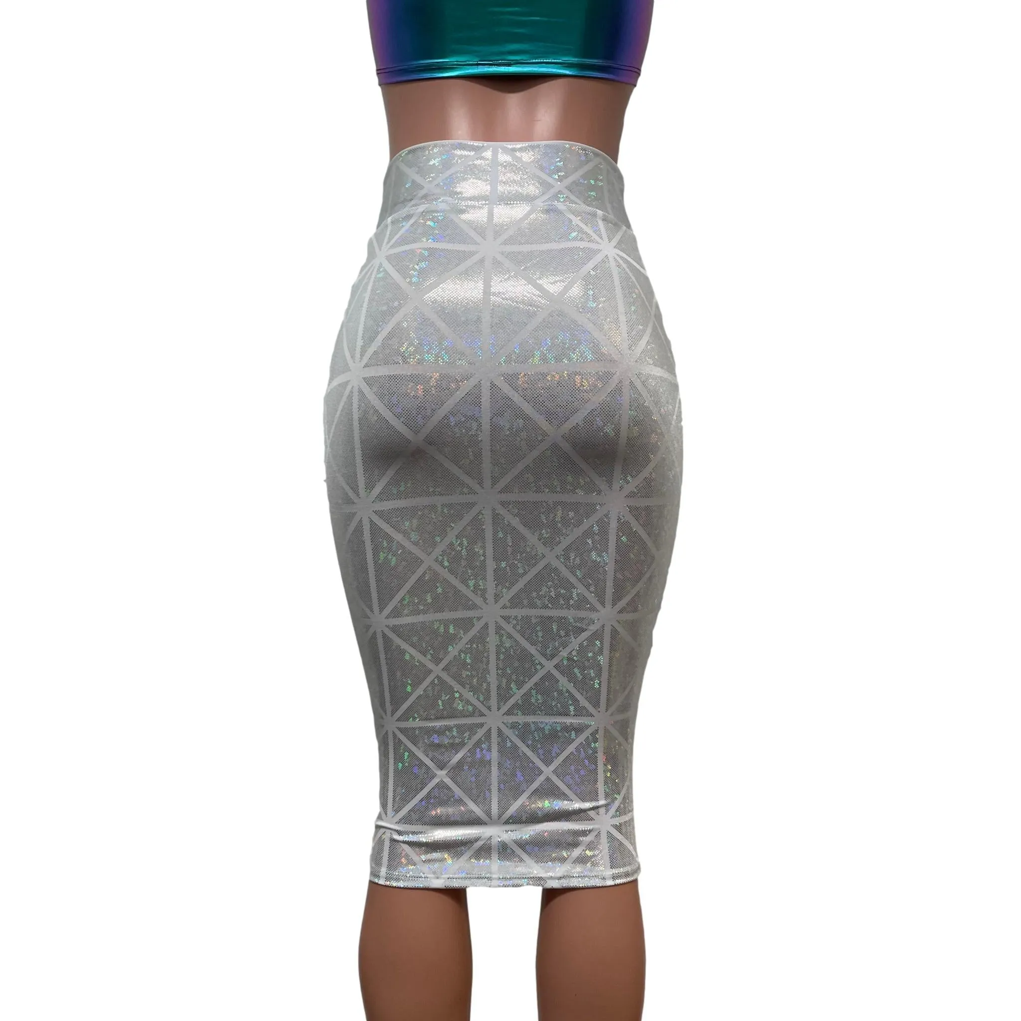 SALE - XS - Silver on White Glass Pane Long Pencil Bodycon Skirt
