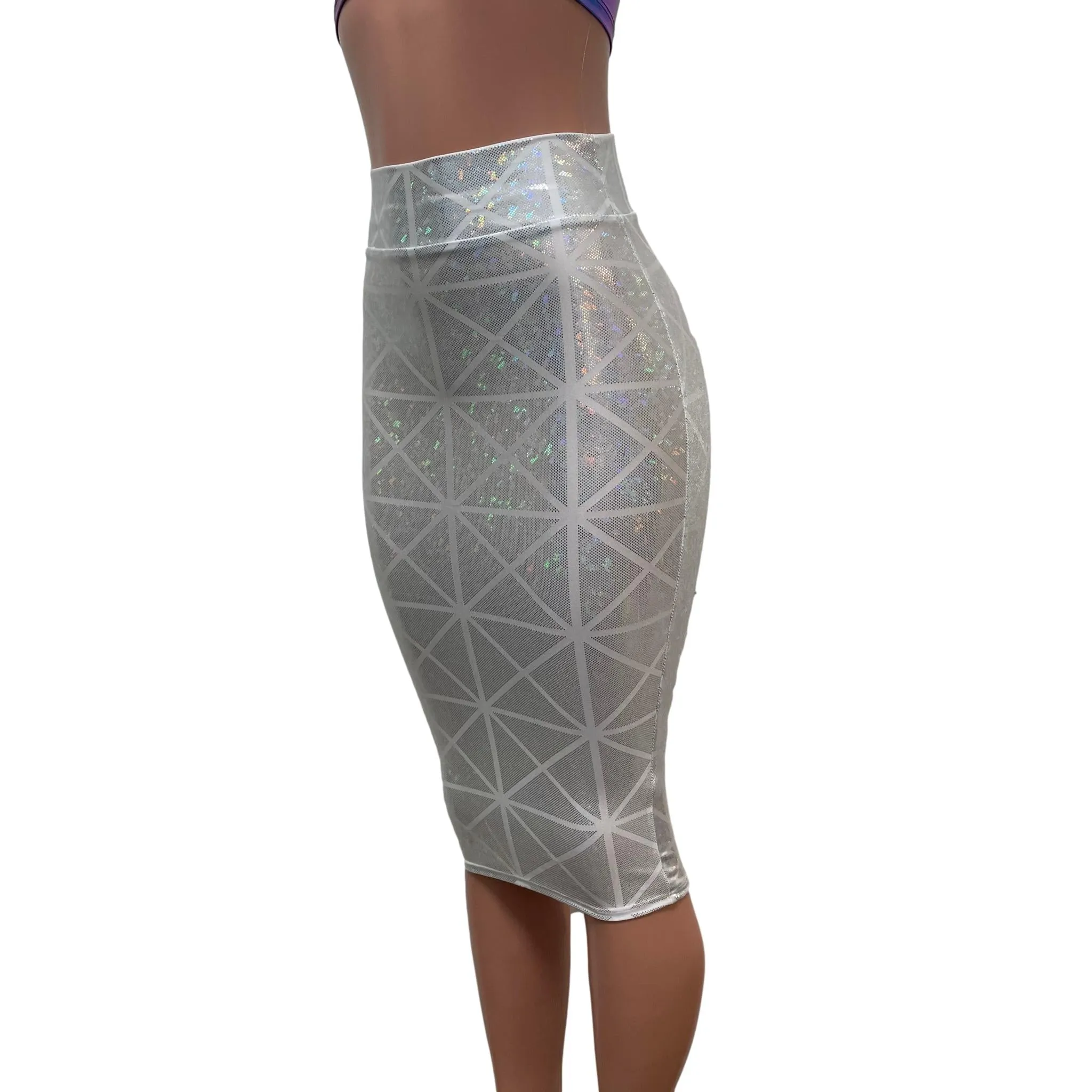 SALE - XS - Silver on White Glass Pane Long Pencil Bodycon Skirt