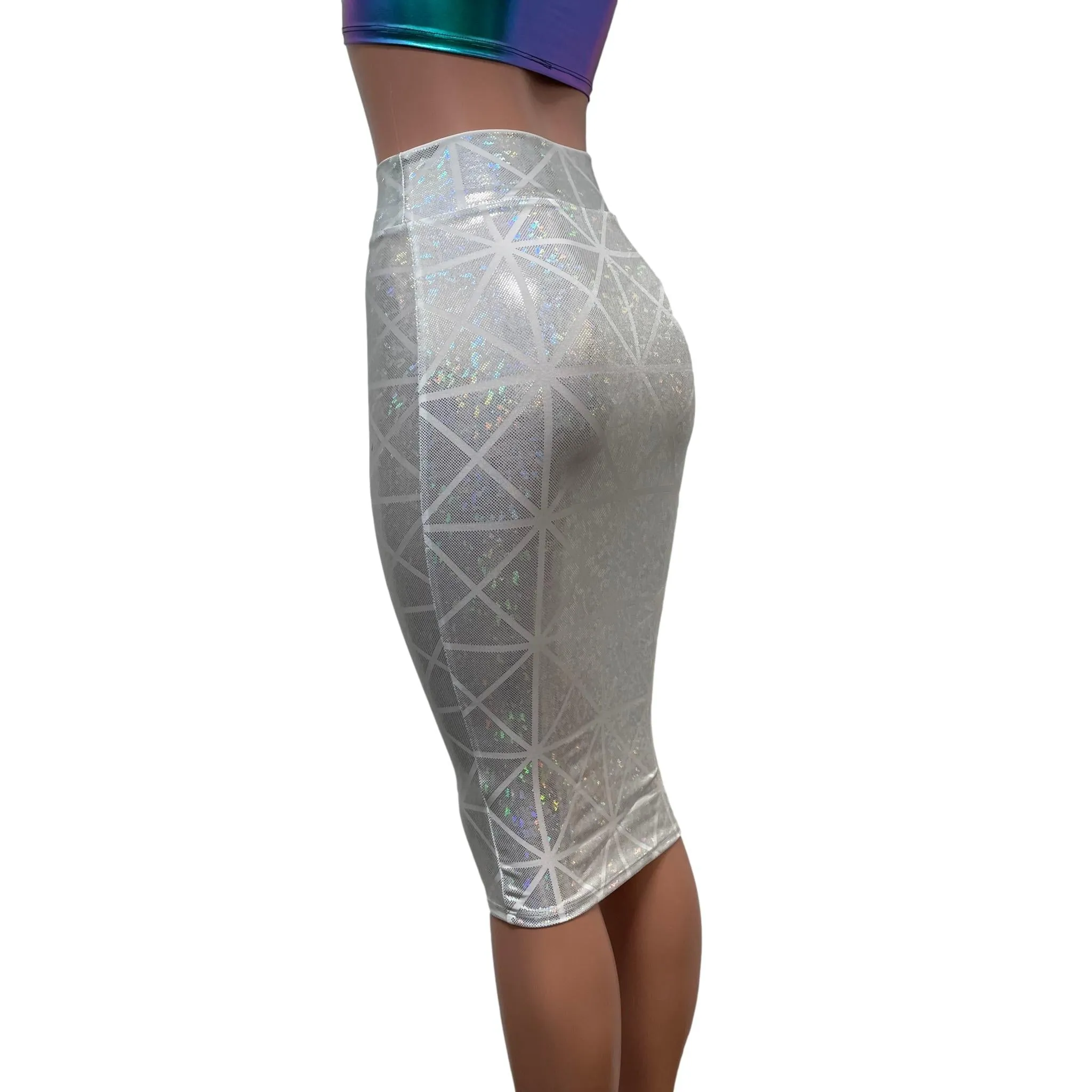 SALE - XS - Silver on White Glass Pane Long Pencil Bodycon Skirt