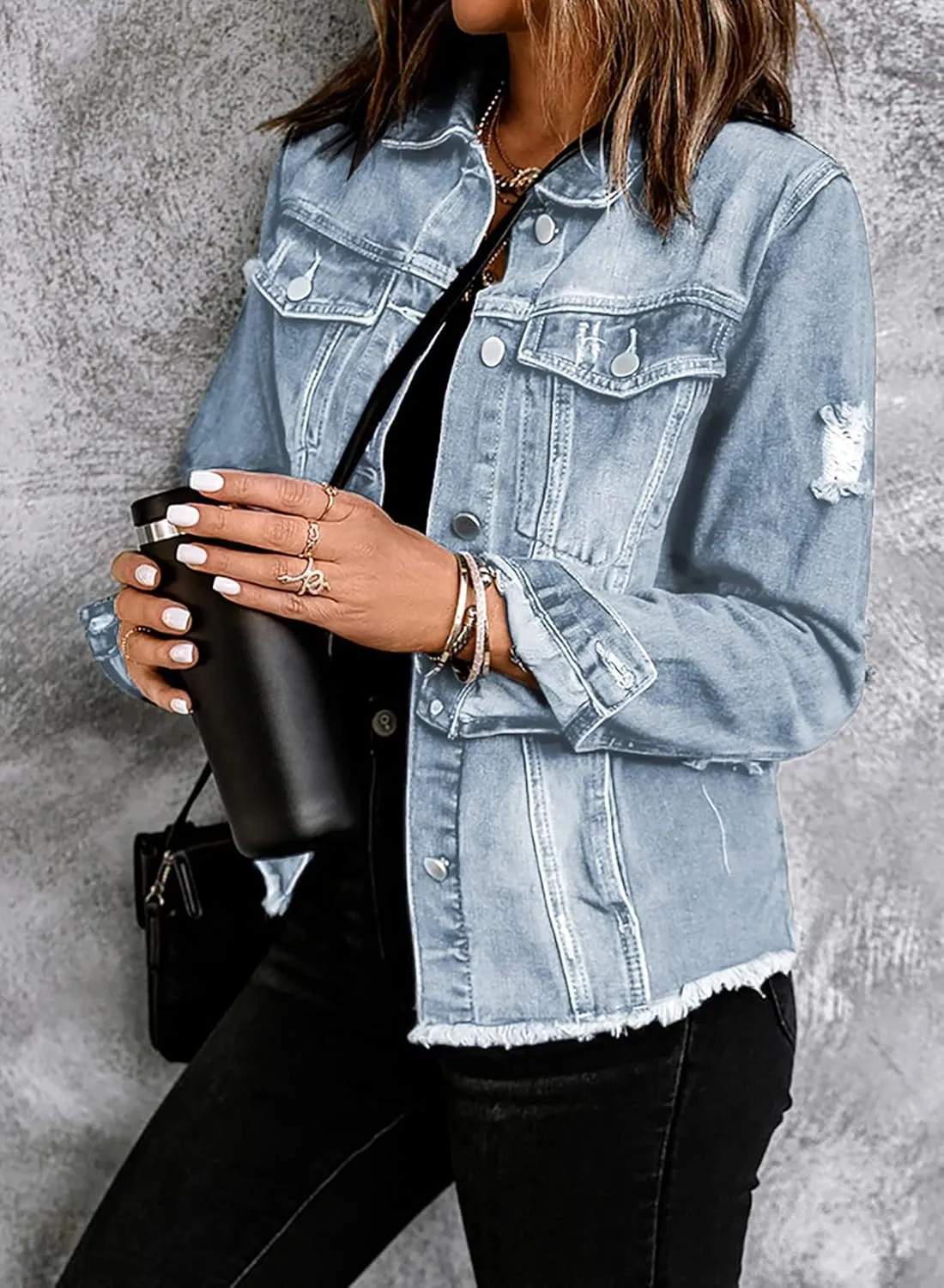 Sidefeel Women's Denim Jacket Long Sleeve Button Distressed Ripped Zimbaplatinum Jean Coat