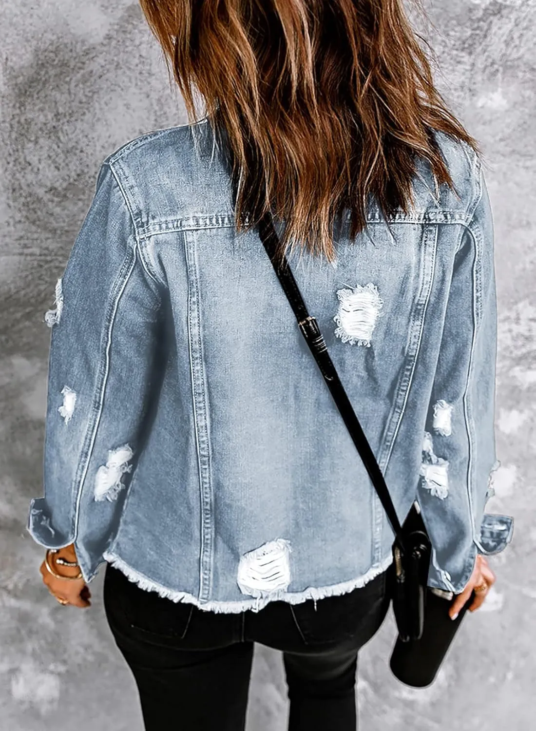 Sidefeel Women's Denim Jacket Long Sleeve Button Distressed Ripped Zimbaplatinum Jean Coat