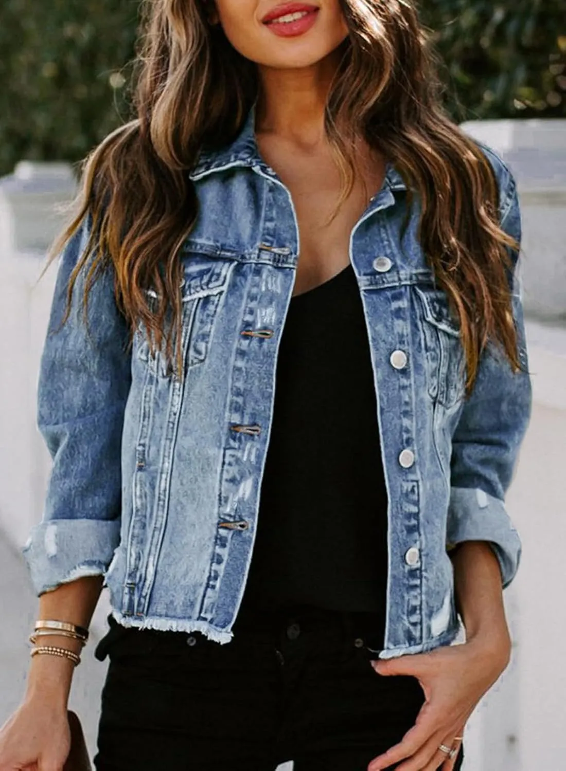 Sidefeel Women's Denim Jacket Long Sleeve Button Distressed Ripped Zimbaplatinum Jean Coat
