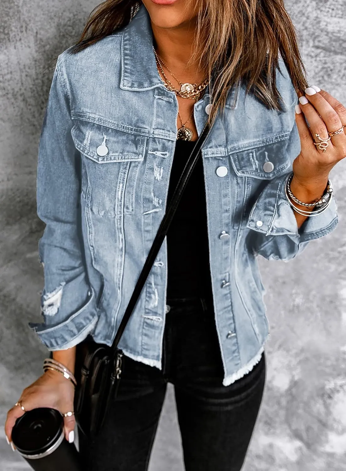 Sidefeel Women's Denim Jacket Long Sleeve Button Distressed Ripped Zimbaplatinum Jean Coat