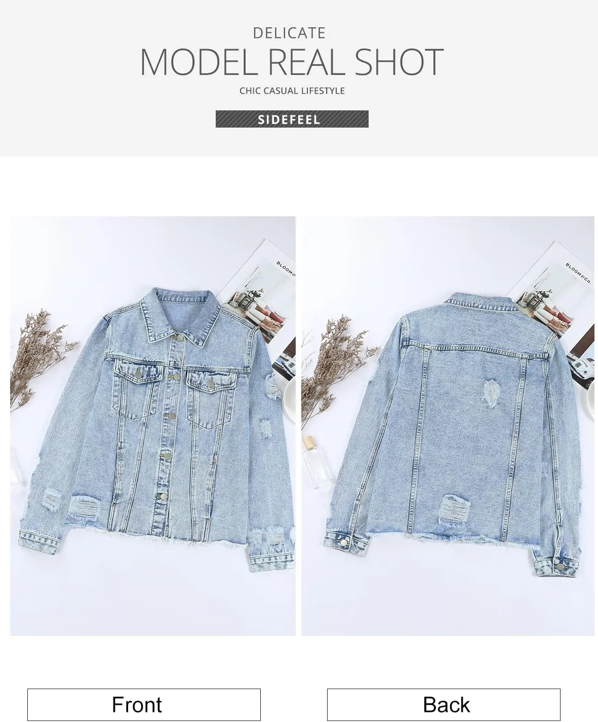 Sidefeel Women's Denim Jacket Long Sleeve Button Distressed Ripped Zimbaplatinum Jean Coat