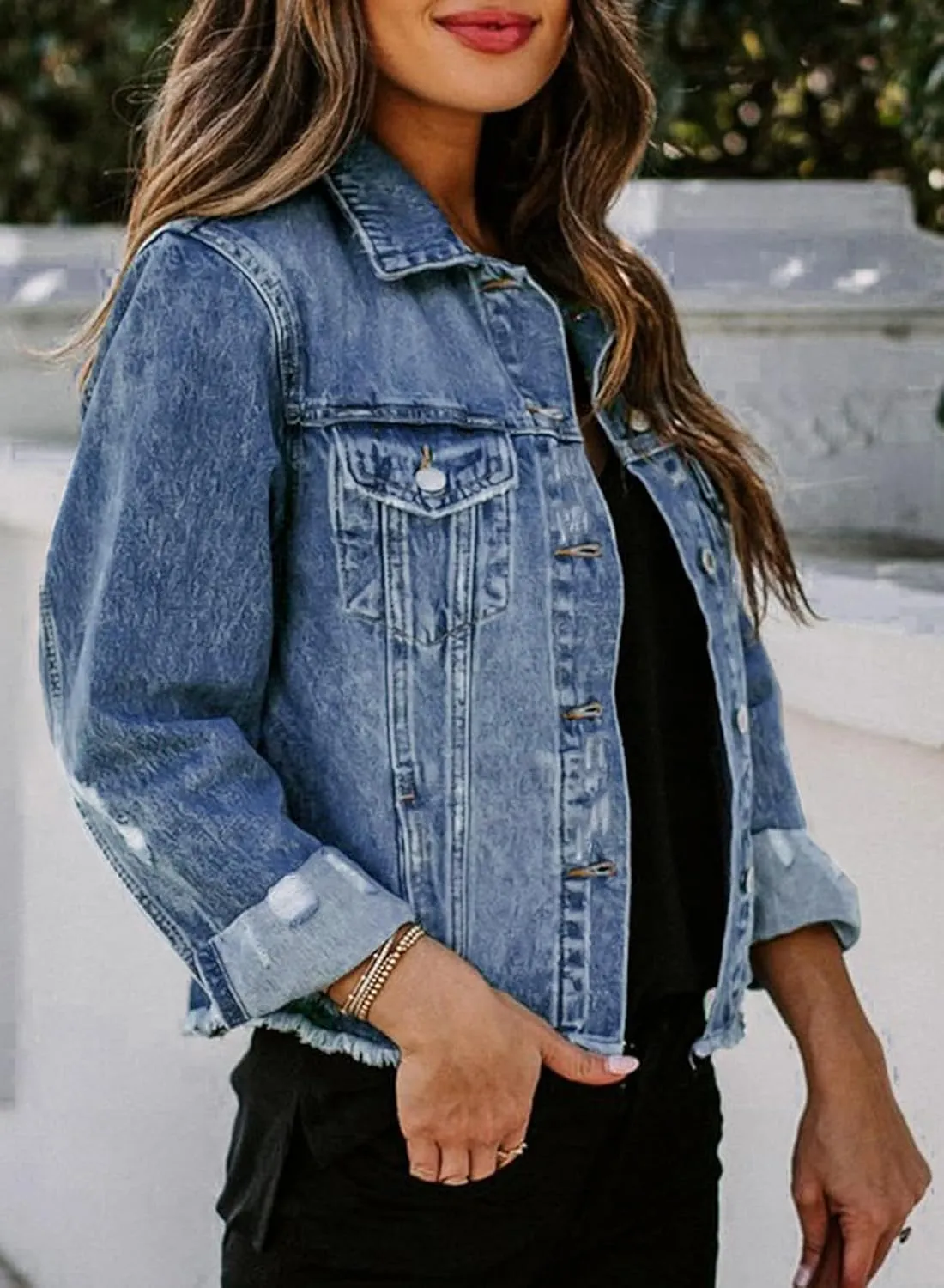 Sidefeel Women's Denim Jacket Long Sleeve Button Distressed Ripped Zimbaplatinum Jean Coat