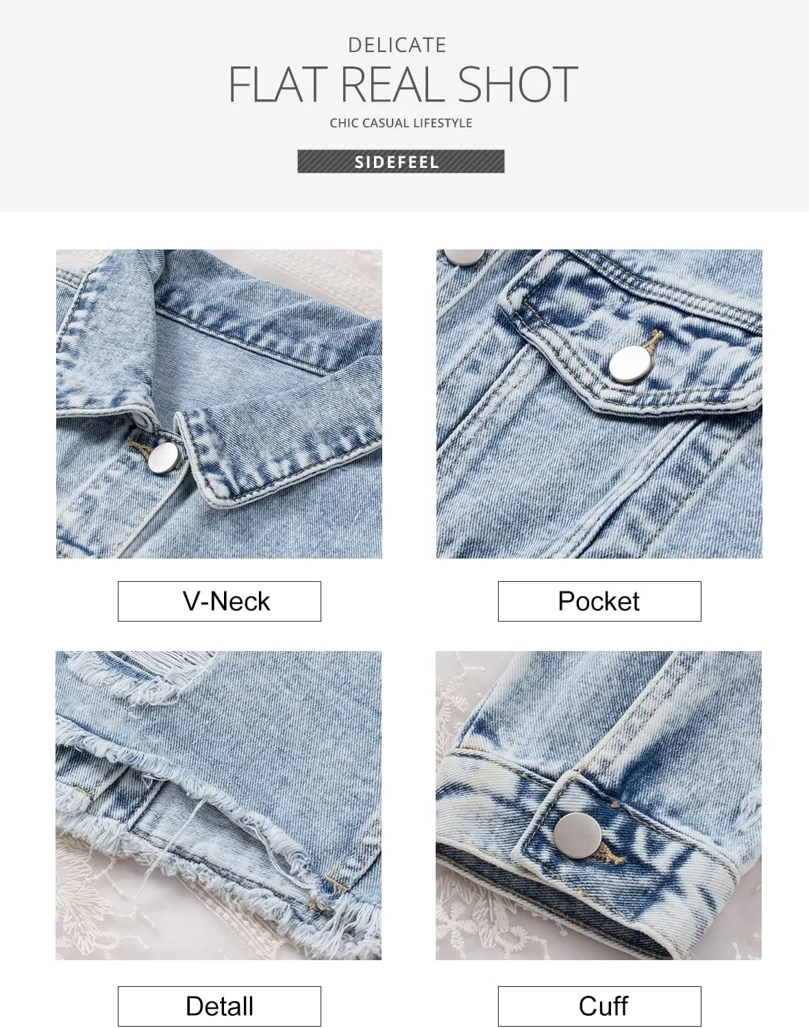 Sidefeel Women's Denim Jacket Long Sleeve Button Distressed Ripped Zimbaplatinum Jean Coat