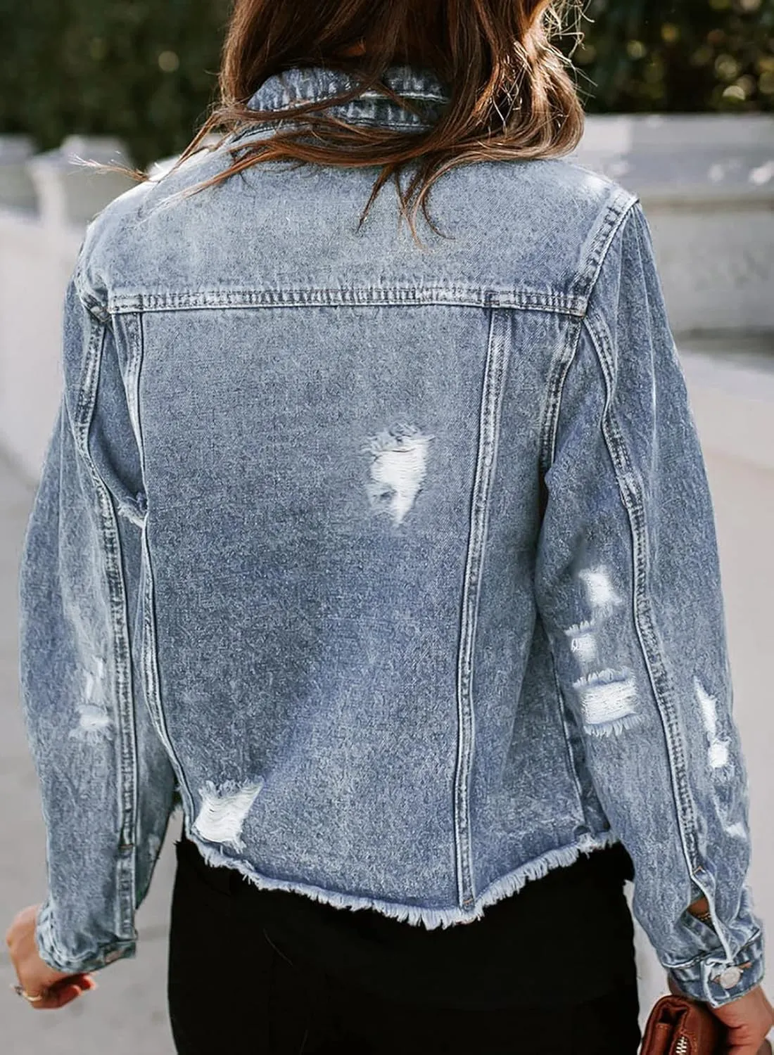 Sidefeel Women's Denim Jacket Long Sleeve Button Distressed Ripped Zimbaplatinum Jean Coat