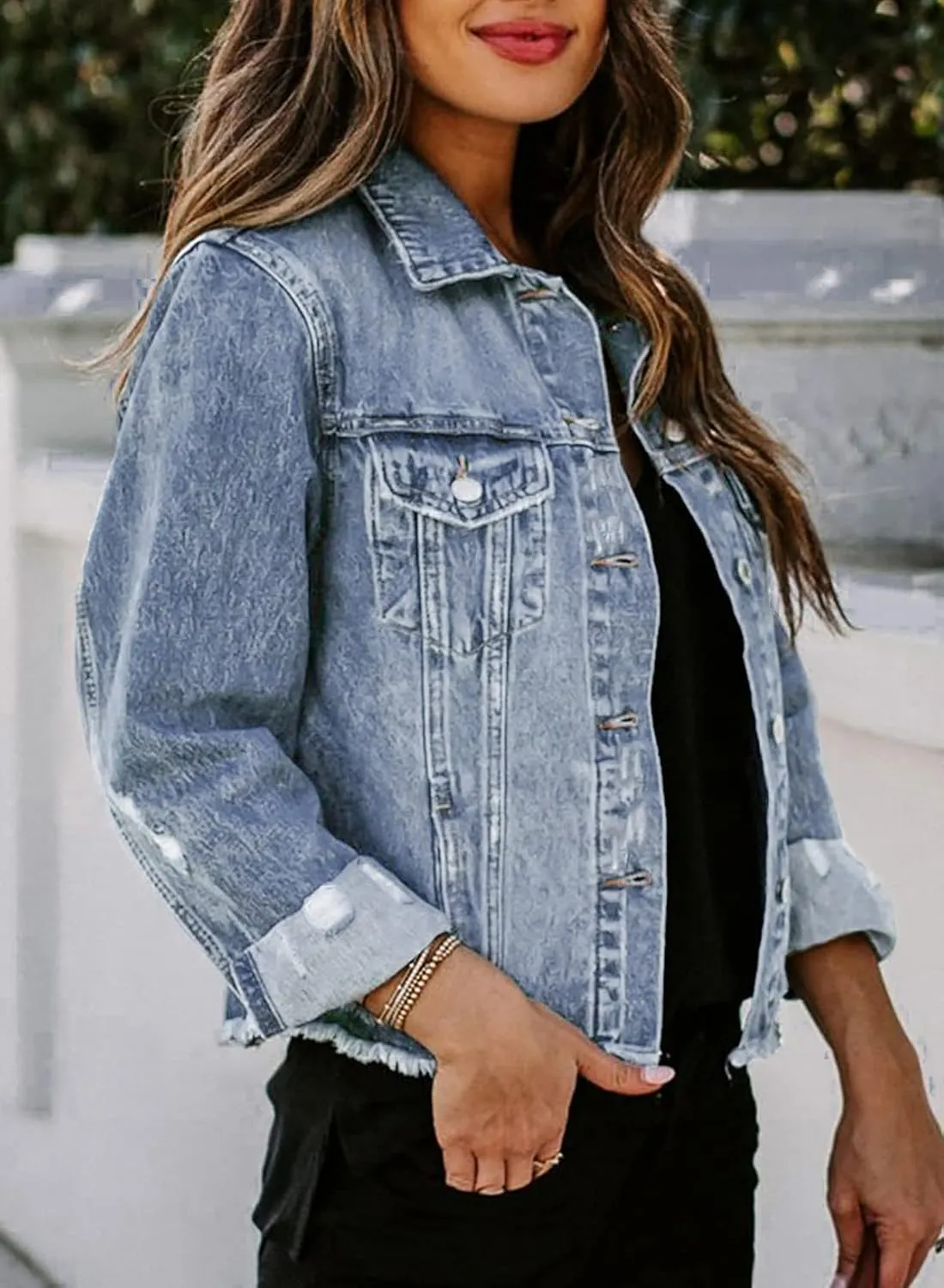 Sidefeel Women's Denim Jacket Long Sleeve Button Distressed Ripped Zimbaplatinum Jean Coat