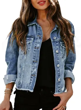 Sidefeel Women's Denim Jacket Long Sleeve Button Distressed Ripped Zimbaplatinum Jean Coat