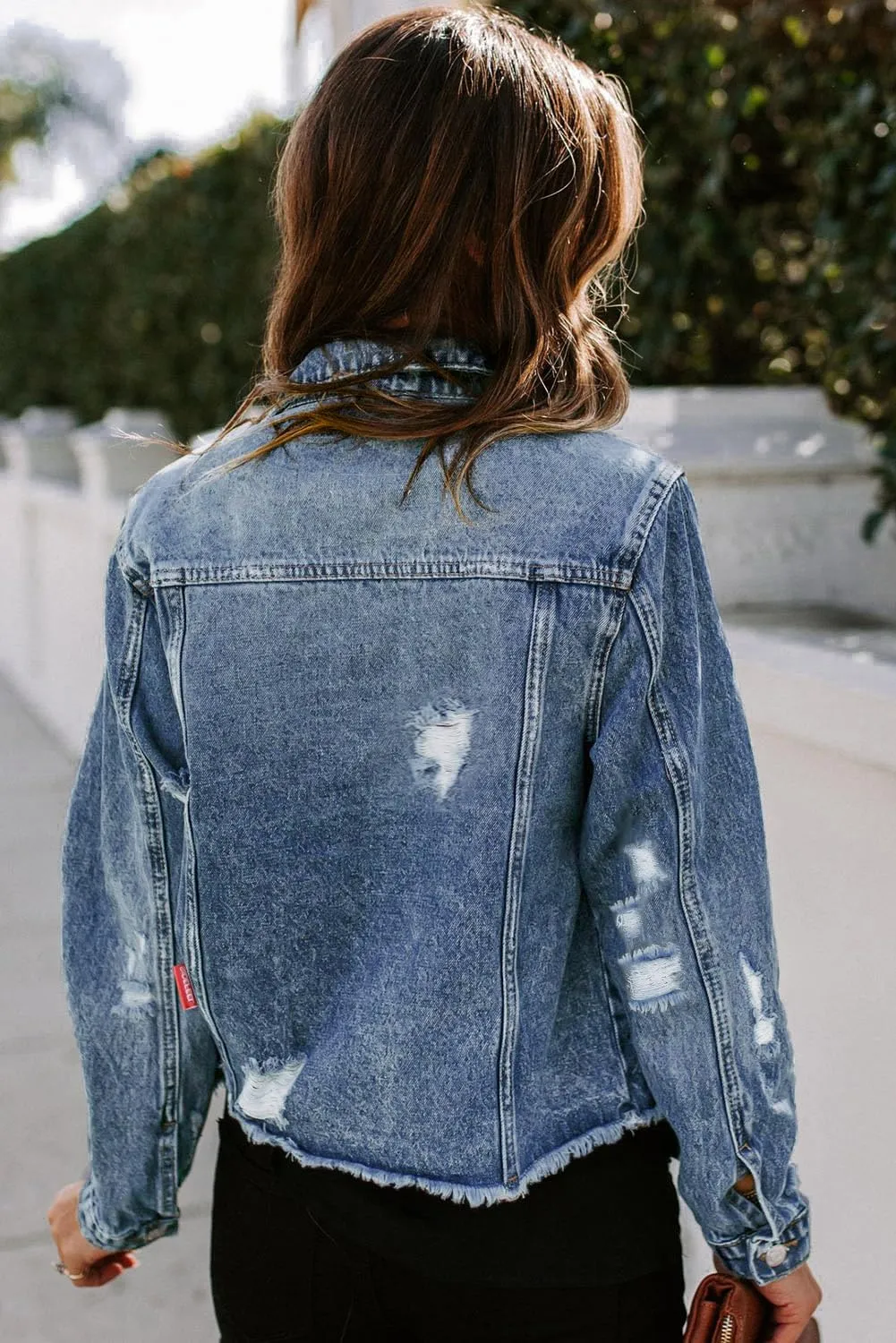 Sidefeel Women's Denim Jacket Long Sleeve Button Distressed Ripped Zimbaplatinum Jean Coat